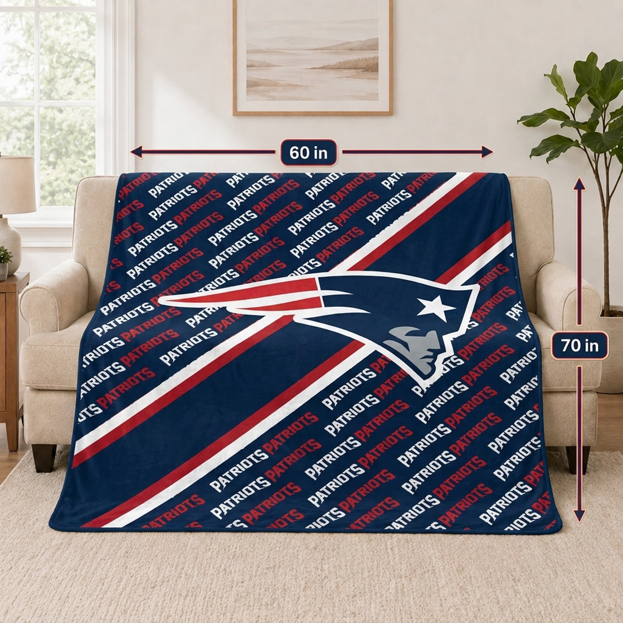 Couverture ultra douce Pegasus New England Patriots, 152 x 178 cm (diagonale), doublée, avec logo.