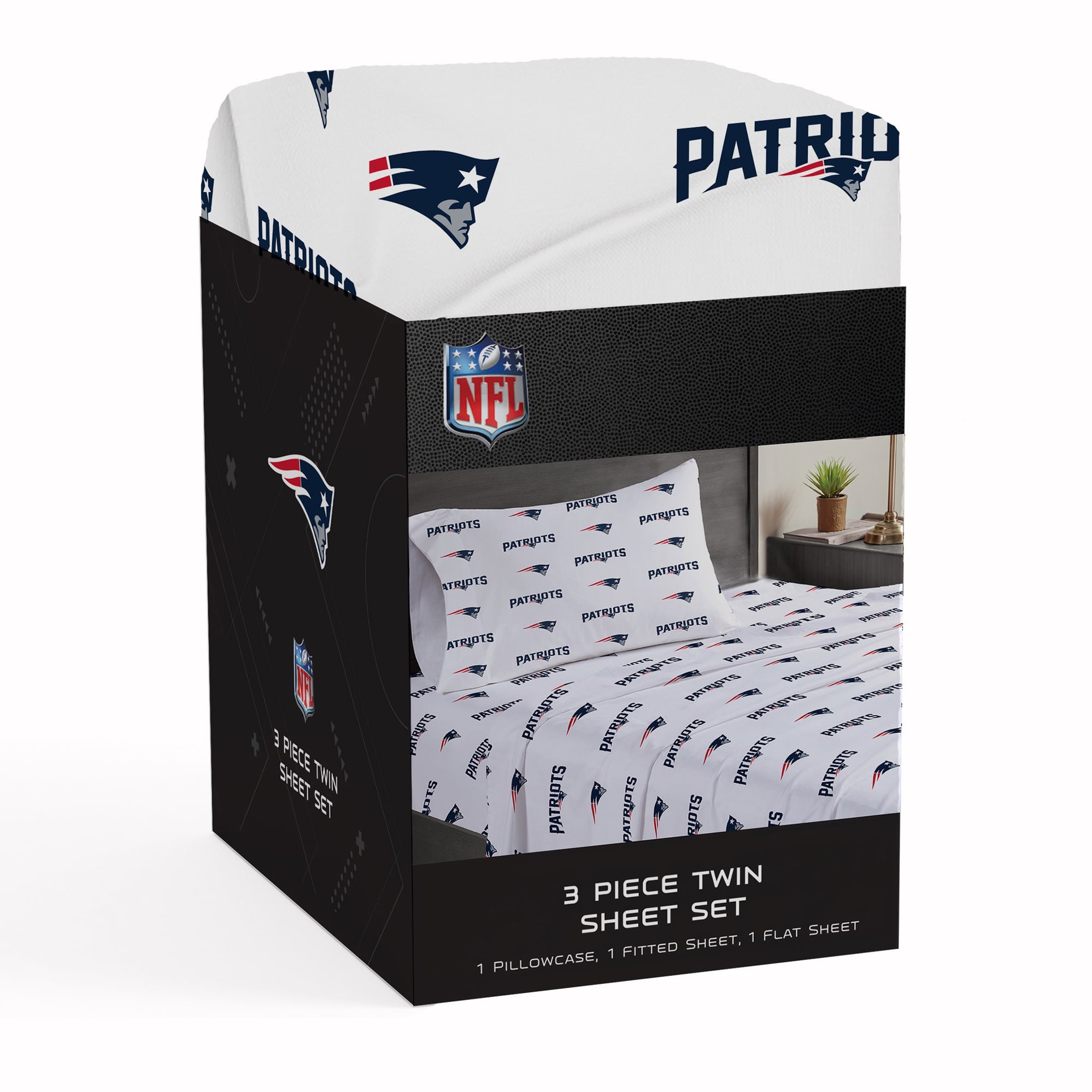 Ensemble de draps trois pièces Pegasus New England Patriots pour lit simple