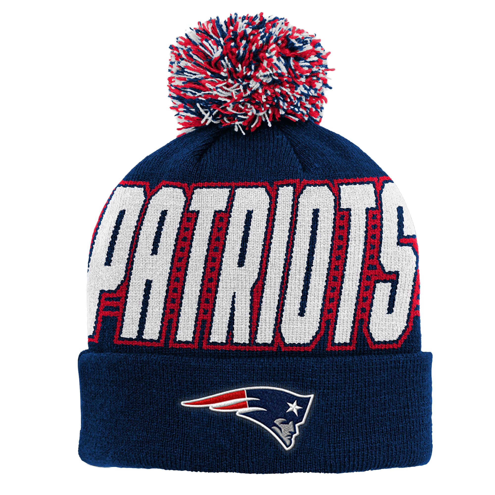 Bonnet à revers bleu marine New England Patriots avec pompon, pour enfants d'âge préscolaire.