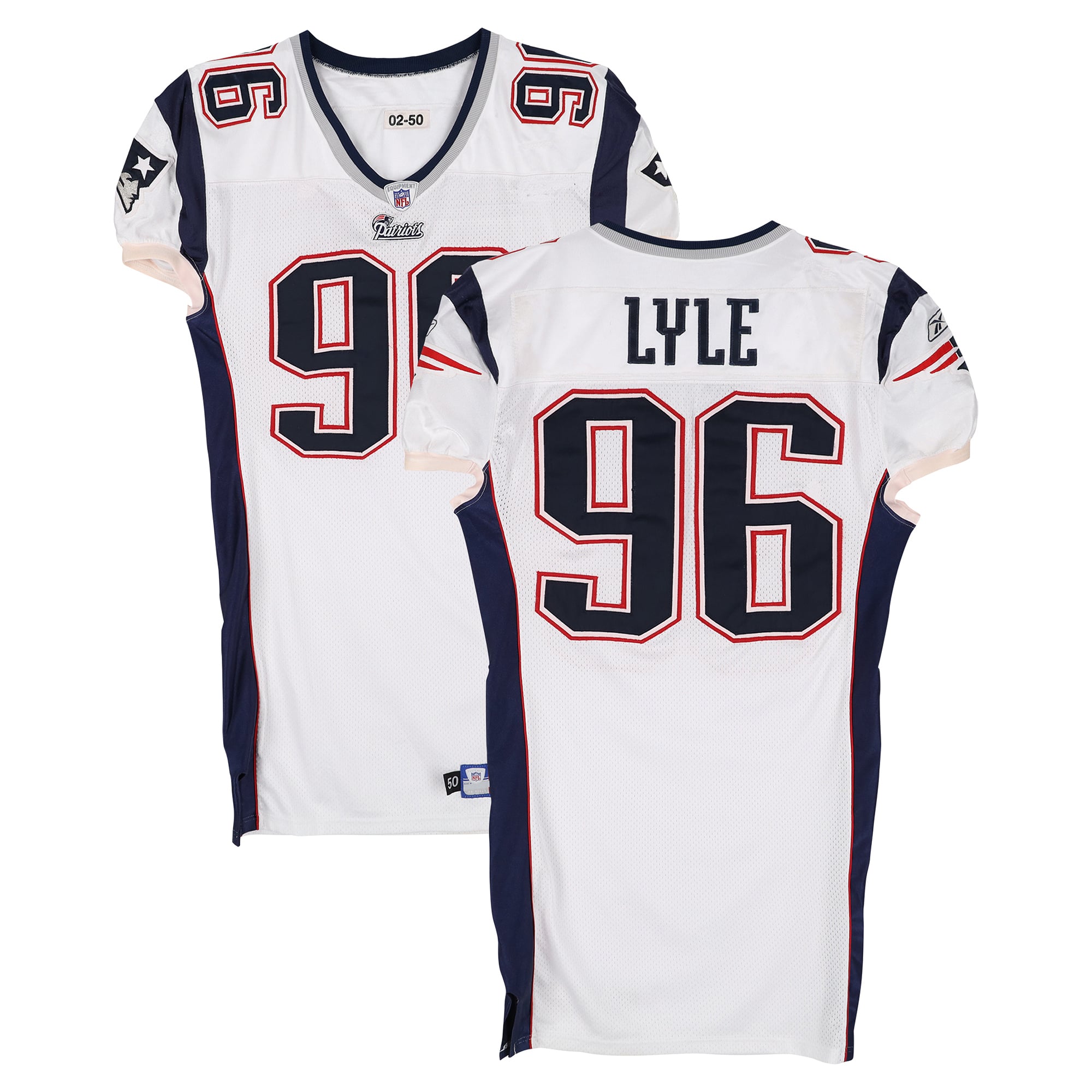 Maillot blanc n° 96 porté par Rick Lyle lors d'un match des New England Patriots de la saison 2002 de la NFL