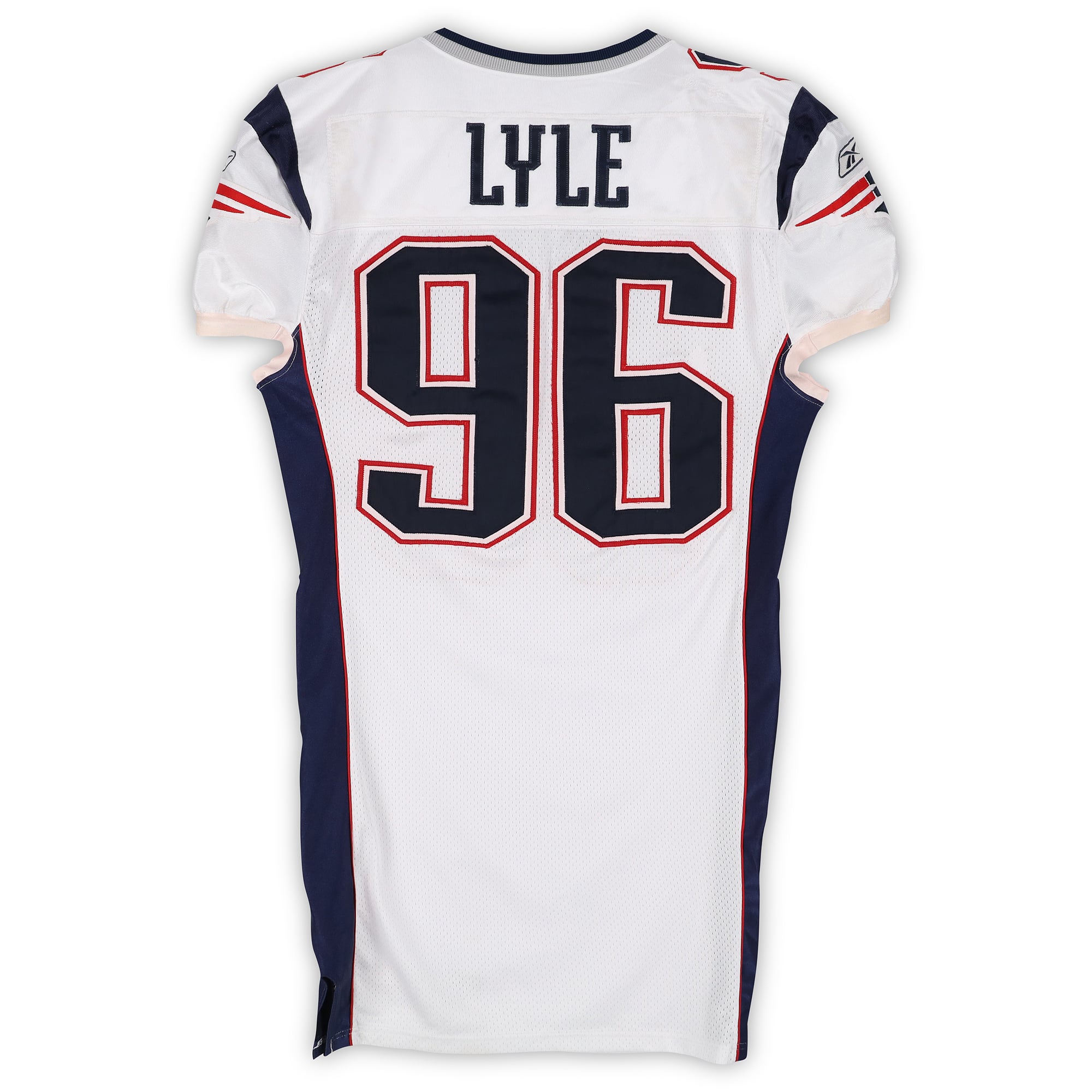 Maillot blanc n° 96 porté par Rick Lyle lors d'un match des New England Patriots de la saison 2002 de la NFL
