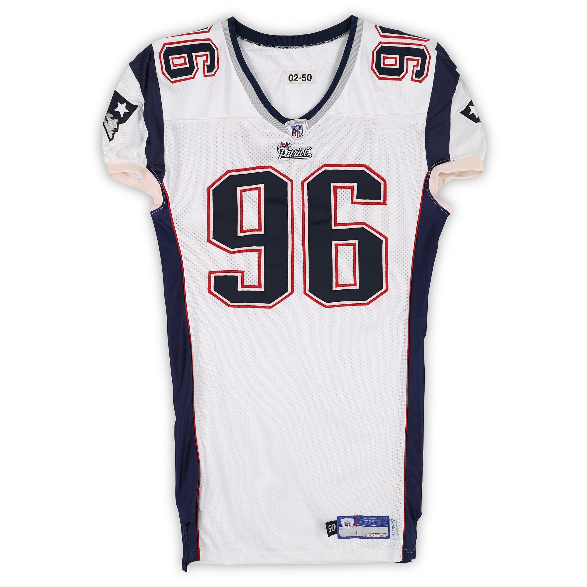 Maillot blanc n° 96 porté par Rick Lyle lors d'un match des New England Patriots de la saison 2002 de la NFL
