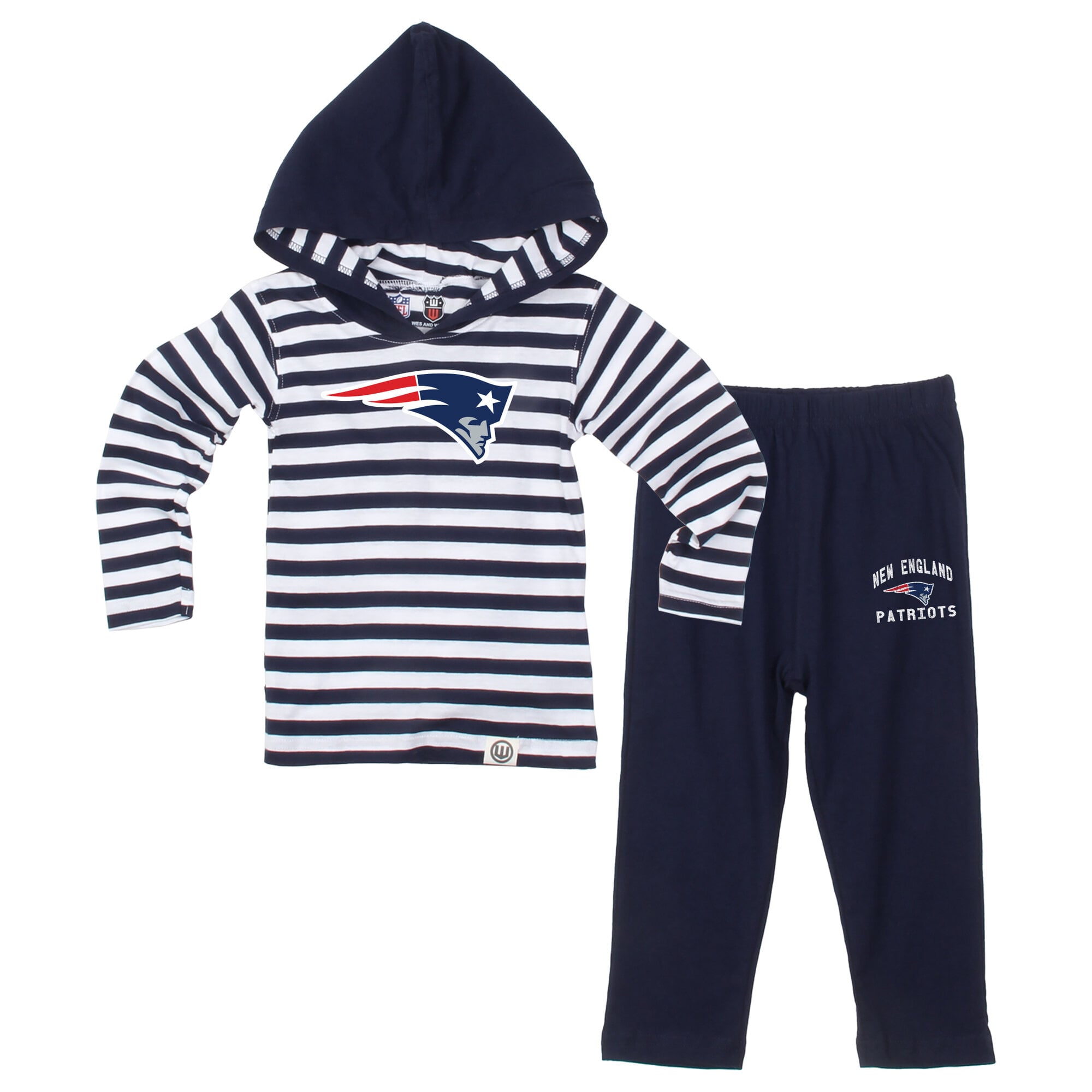 Ensemble pour tout-petit Wes & Willy, haut à manches longues rayé bleu marine capuche, et pantalon, motif New England Patriots