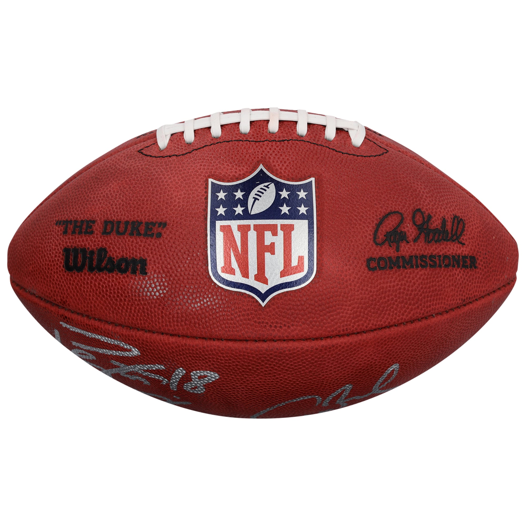 Ballon de football américain Duke en couleur, autographié par Tom Brady et Peyton Manning