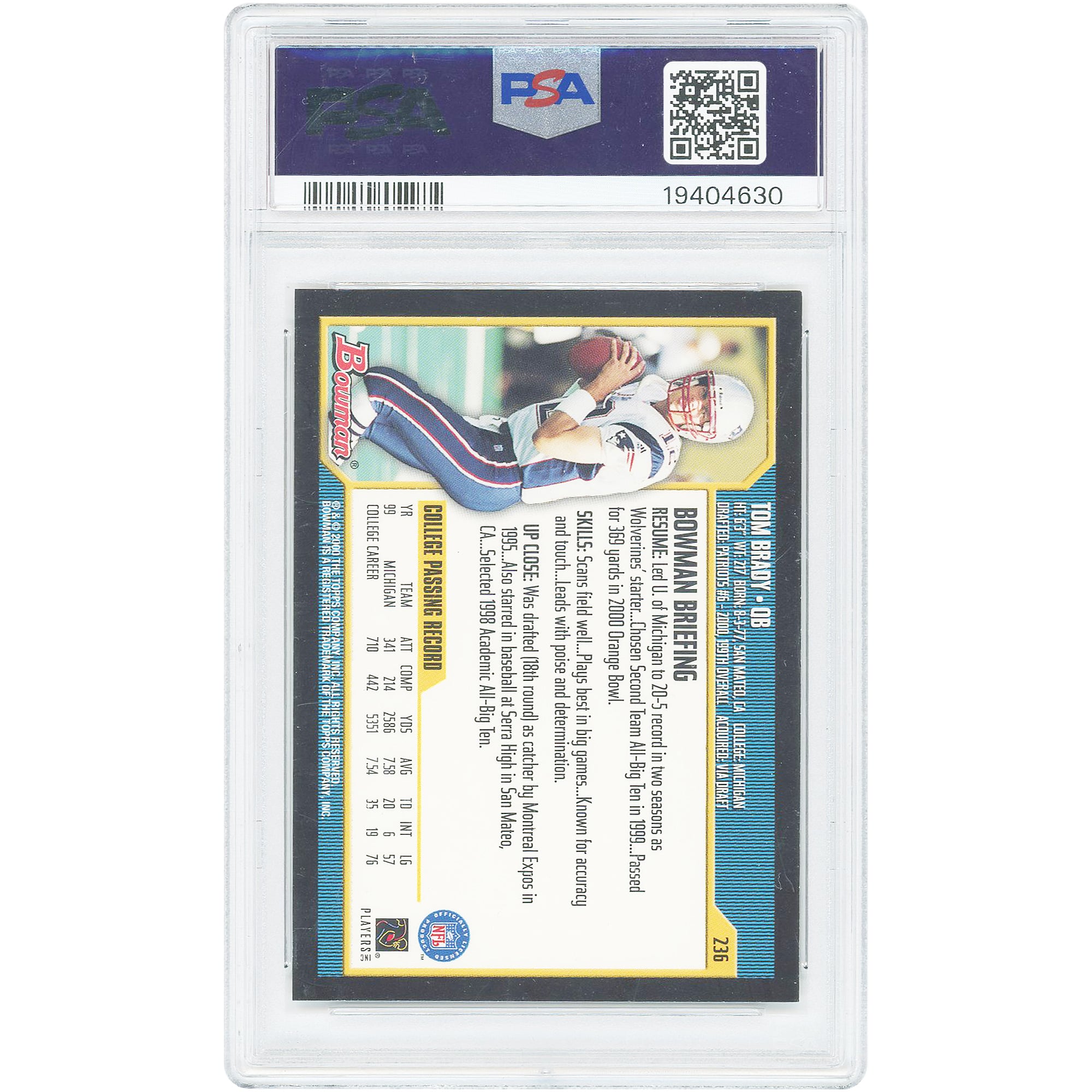 Tom Brady New England Patriots 2000 Bowman #236 PSA Authenticated 8 Rookie Card