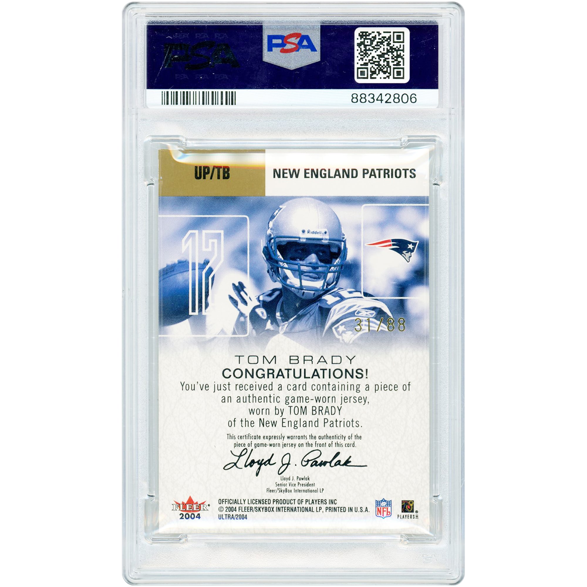 Tom Brady New England Patriots 2004 Fleer Ultra Gold Ultra Performers Game Used Jersey Relic #UP/TB PSA Authenticated 8 Card