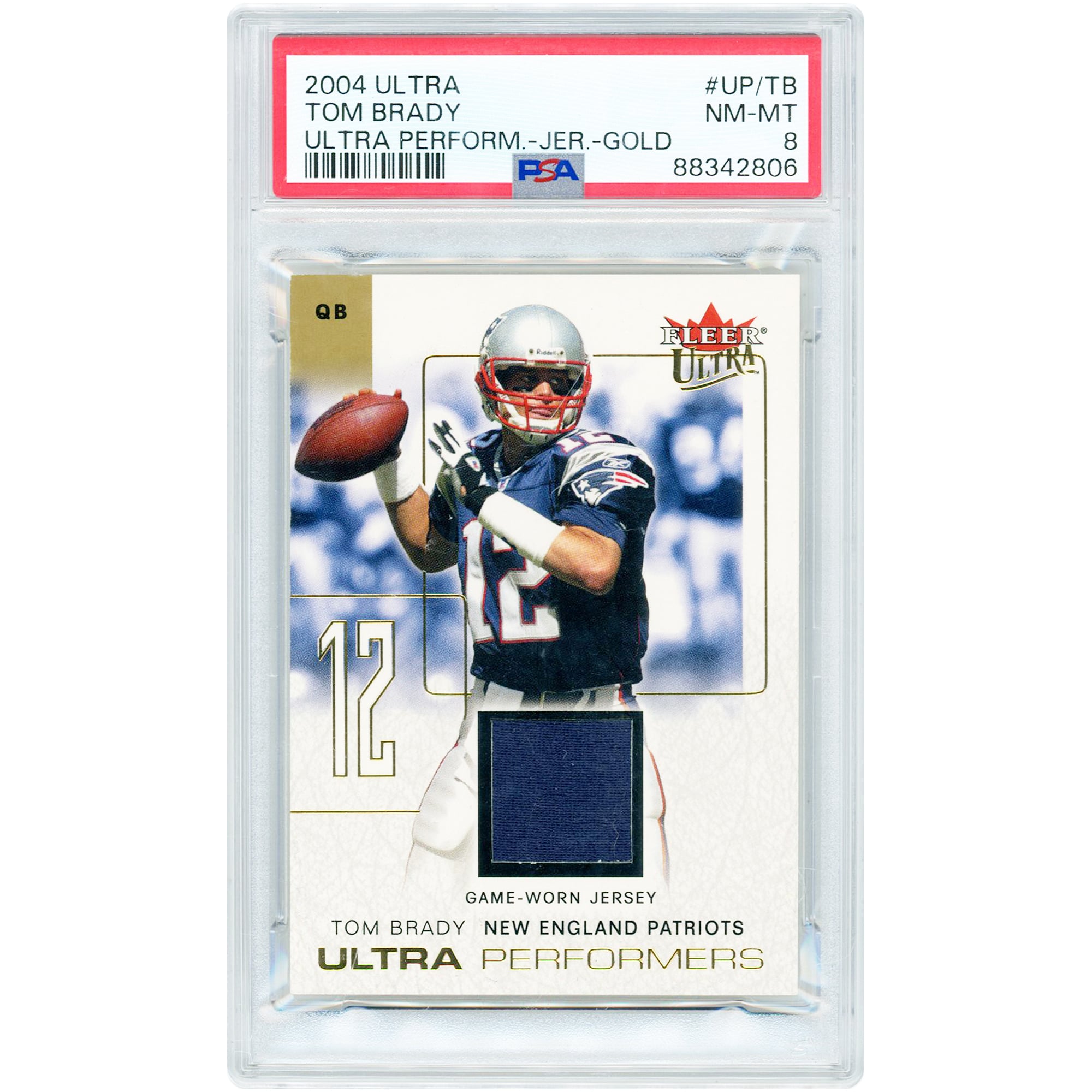 Tom Brady New England Patriots 2004 Fleer Ultra Gold Ultra Performers Game Used Jersey Relic #UP/TB PSA Authenticated 8 Card
