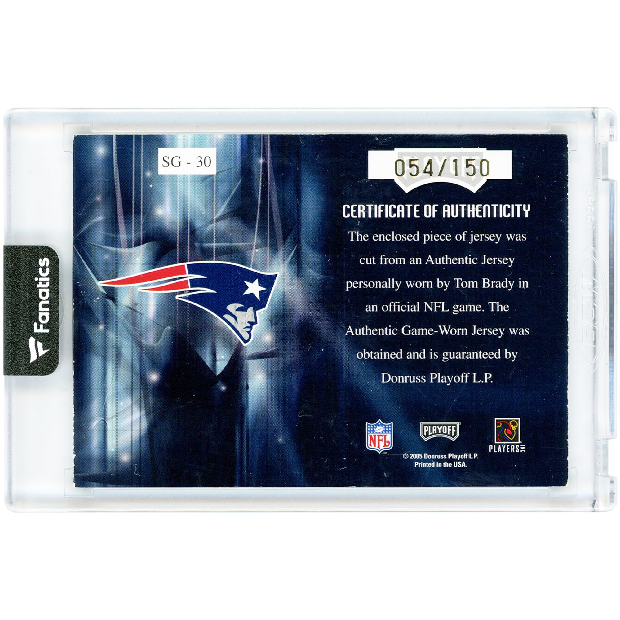 Tom Brady New England Patriots 2005 Playoff Absolute Memorabilia Star Gazing Game Used Jersey Relic #SG-30 #54/150 Card