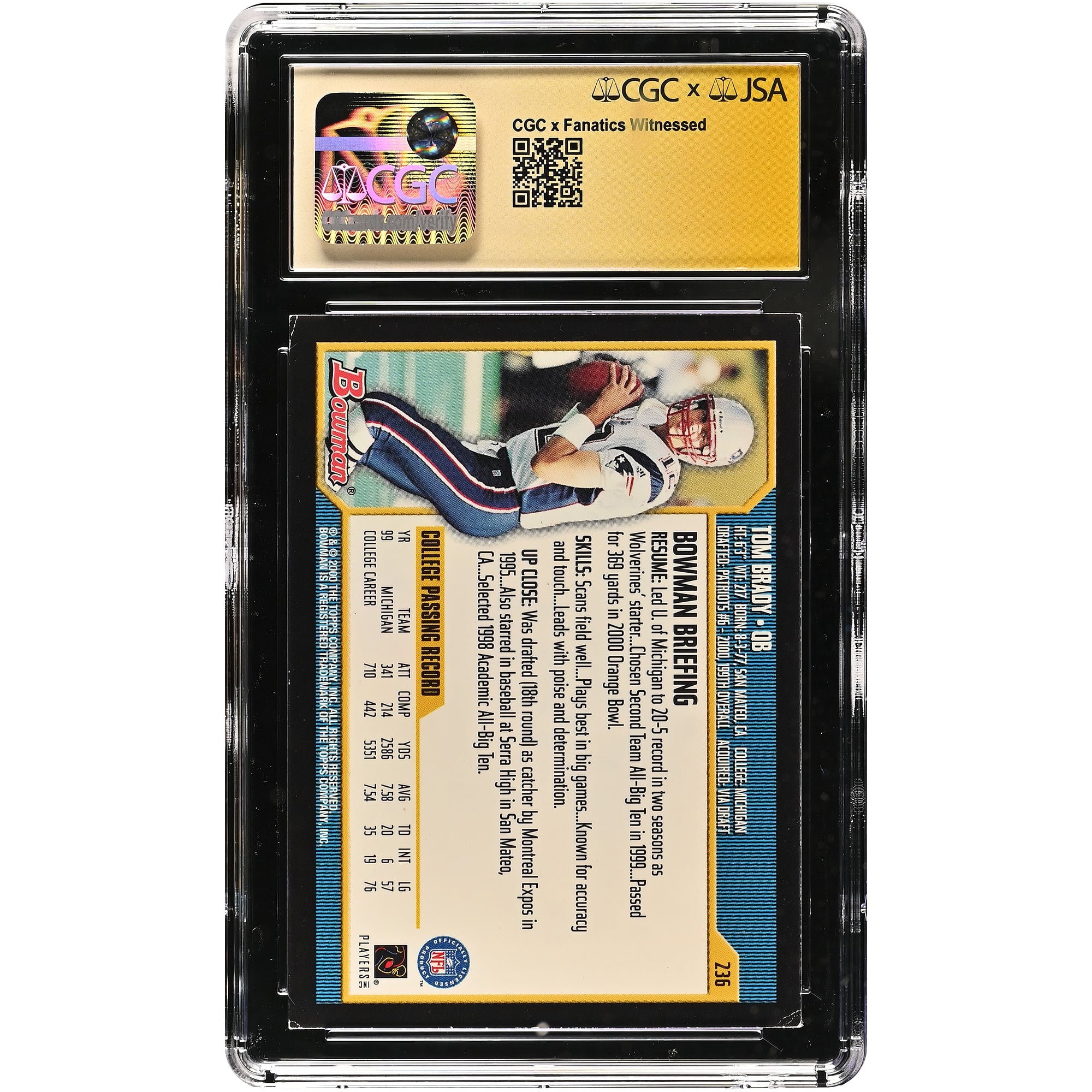 Tom Brady New England Patriots Autographed 2000 Bowman #236 CGC Fanatics Witnessed Authenticated AUTO 10 Rookie Card
