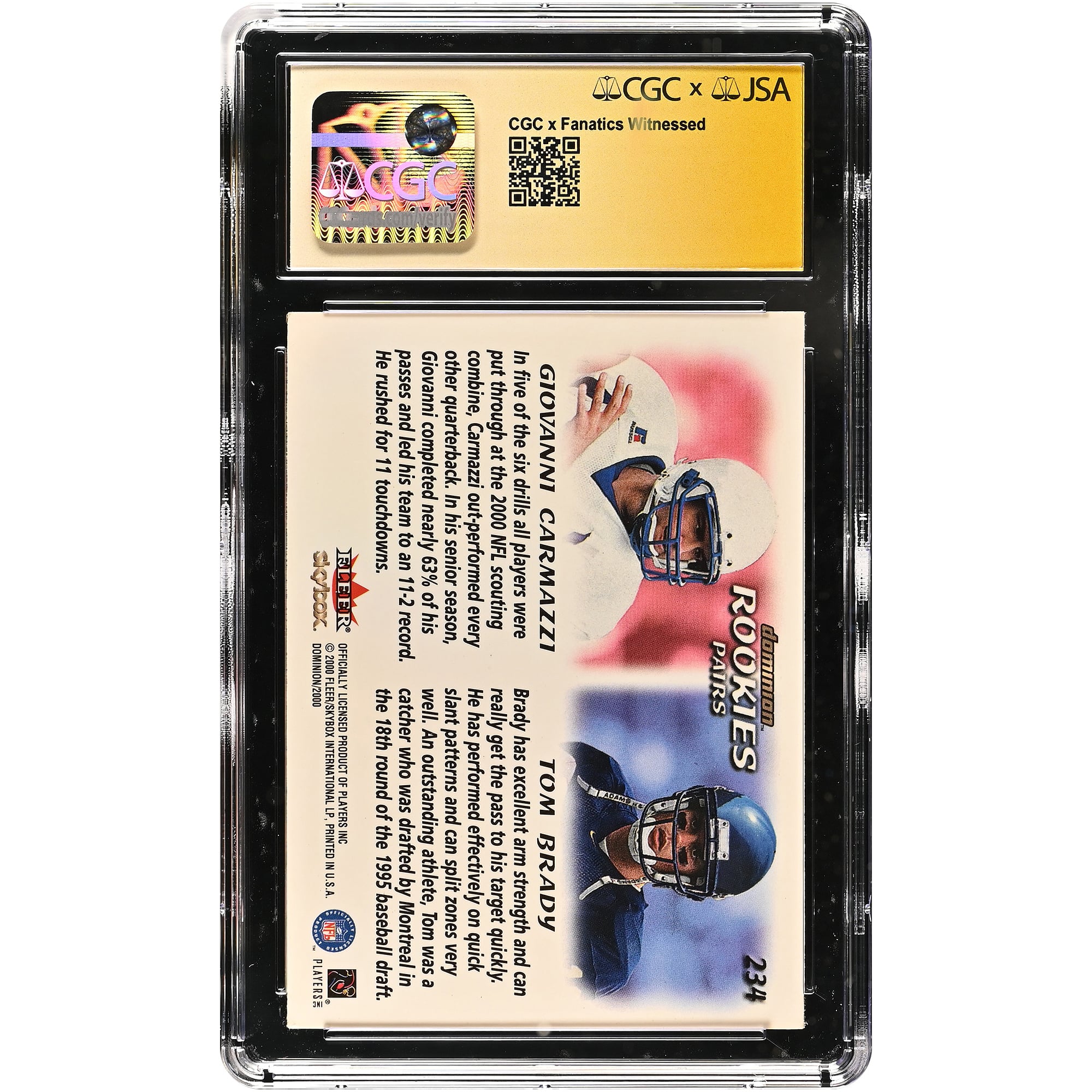Tom Brady New England Patriots Autographed 2000 SkyBox Dominion #234 CGC Fanatics Witnessed Authenticated AUTO 10 Rookie Card