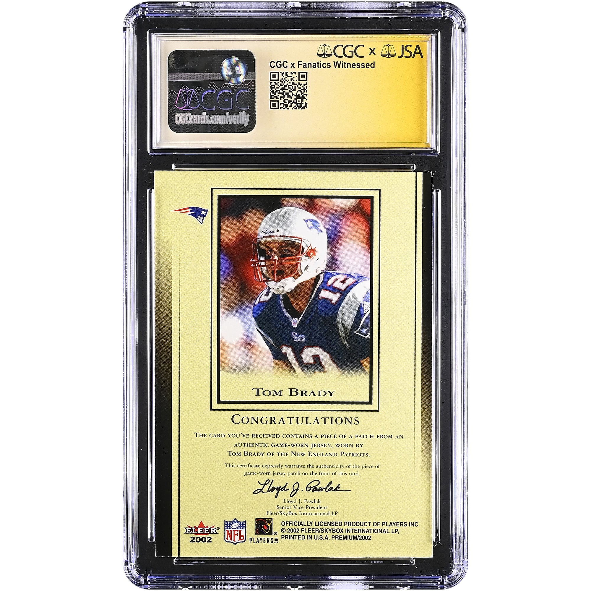 Tom Brady New England Patriots Autographed 2002 Fleer Premium Game-Worn Relic #NNO #/100 CGC Fanatics Witnessed Authenticated AUTO 10 Card