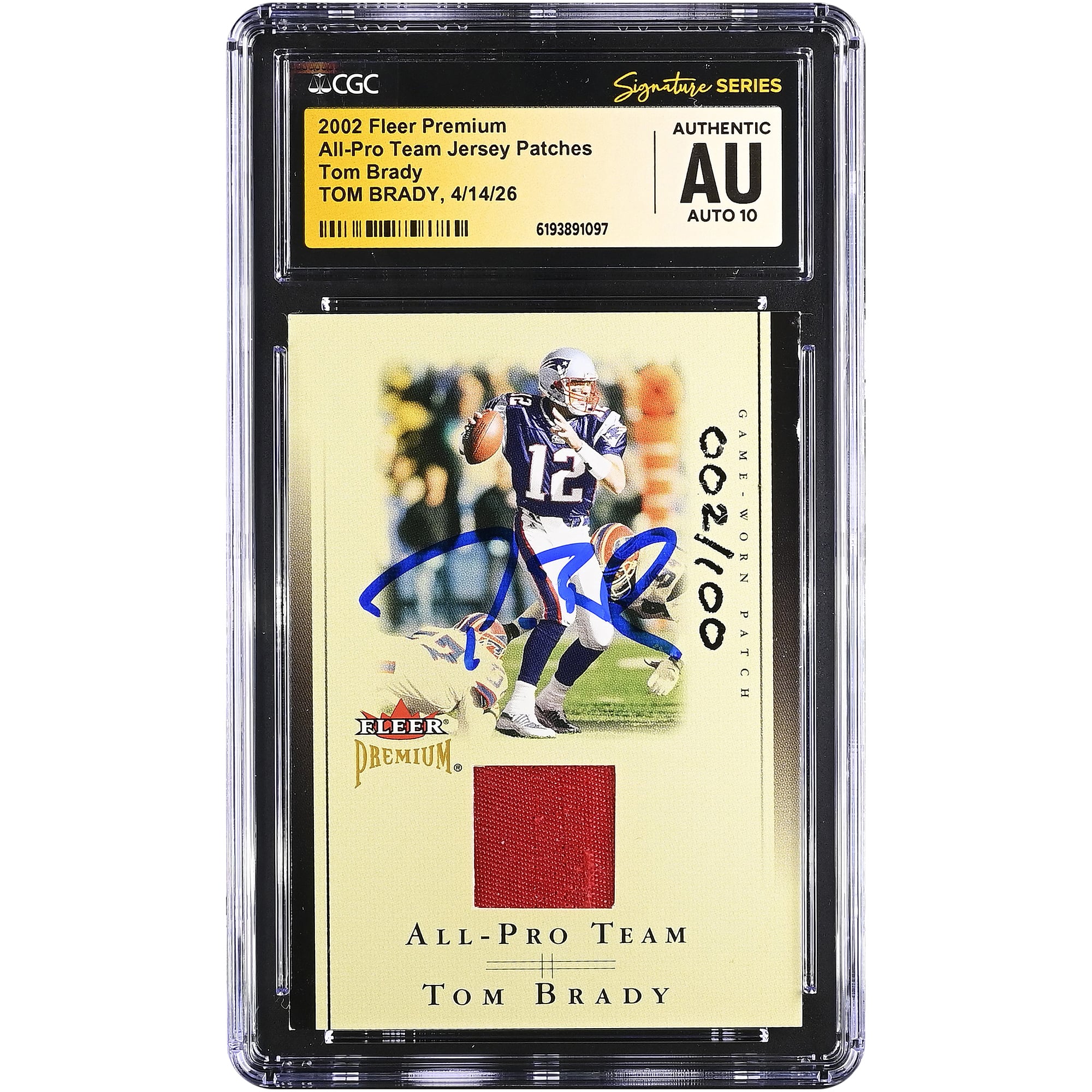 Tom Brady New England Patriots Autographed 2002 Fleer Premium Game-Worn Relic #NNO #/100 CGC Fanatics Witnessed Authenticated AUTO 10 Card