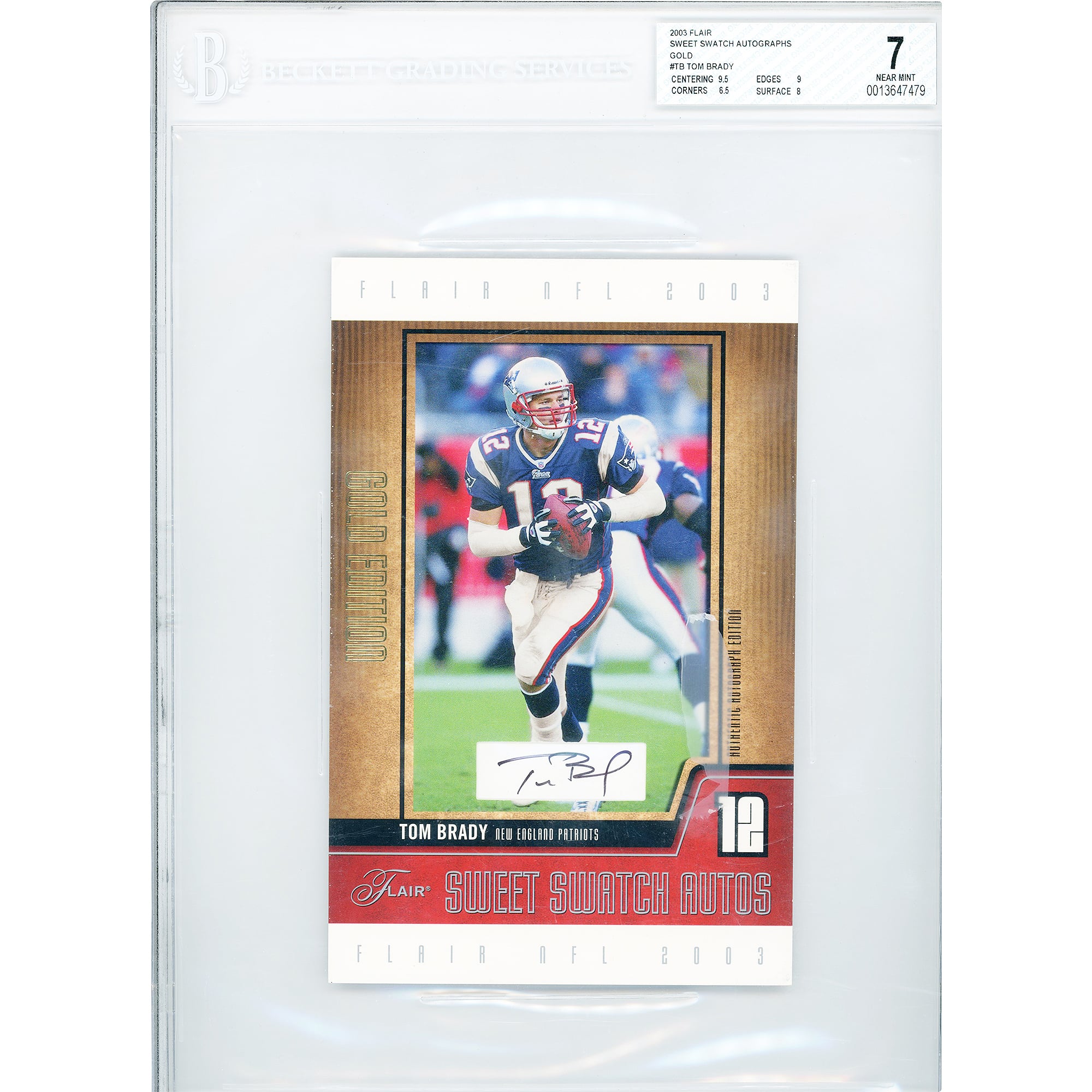Tom Brady New England Patriots Autographed 2003 Fleer Flair Sweet Swatch Autos #SSAO-TB #16/25 BGS Authenticated 7/10 Card - 9.5,9,6.5,8 Subgrades
