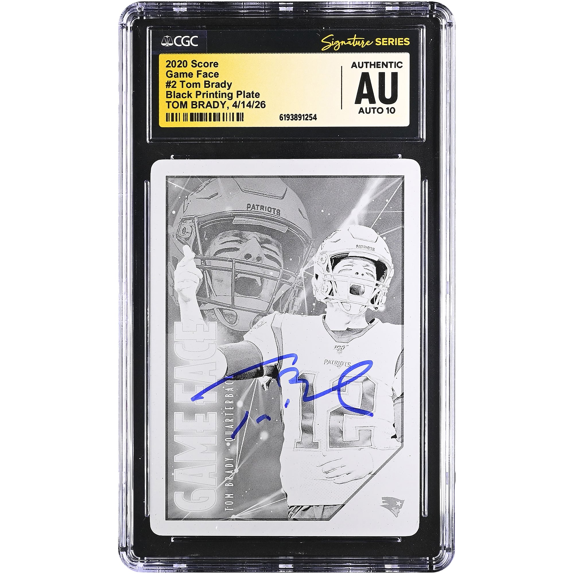 Tom Brady New England Patriots Autographed 2020 Score Black Printing Plate #2 #1/1 CGC Fanatics Witnessed Authenticated AUTO 10 Card