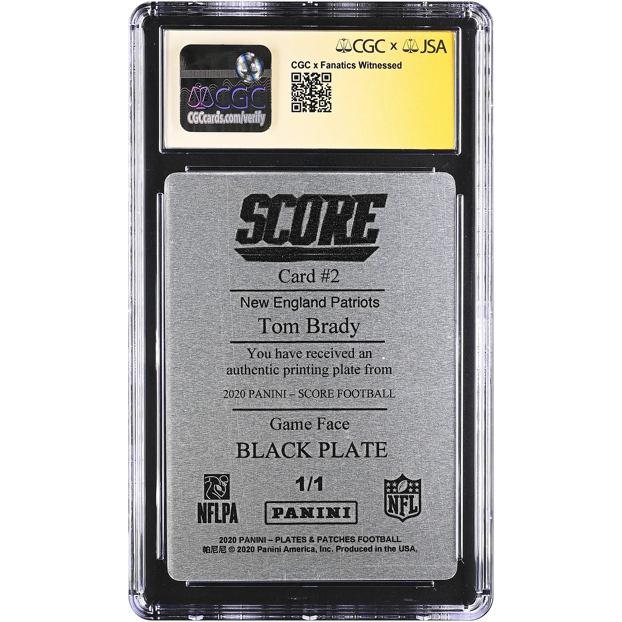 Tom Brady New England Patriots Autographed 2020 Score Black Printing Plate #2 #1/1 CGC Fanatics Witnessed Authenticated AUTO 10 Card