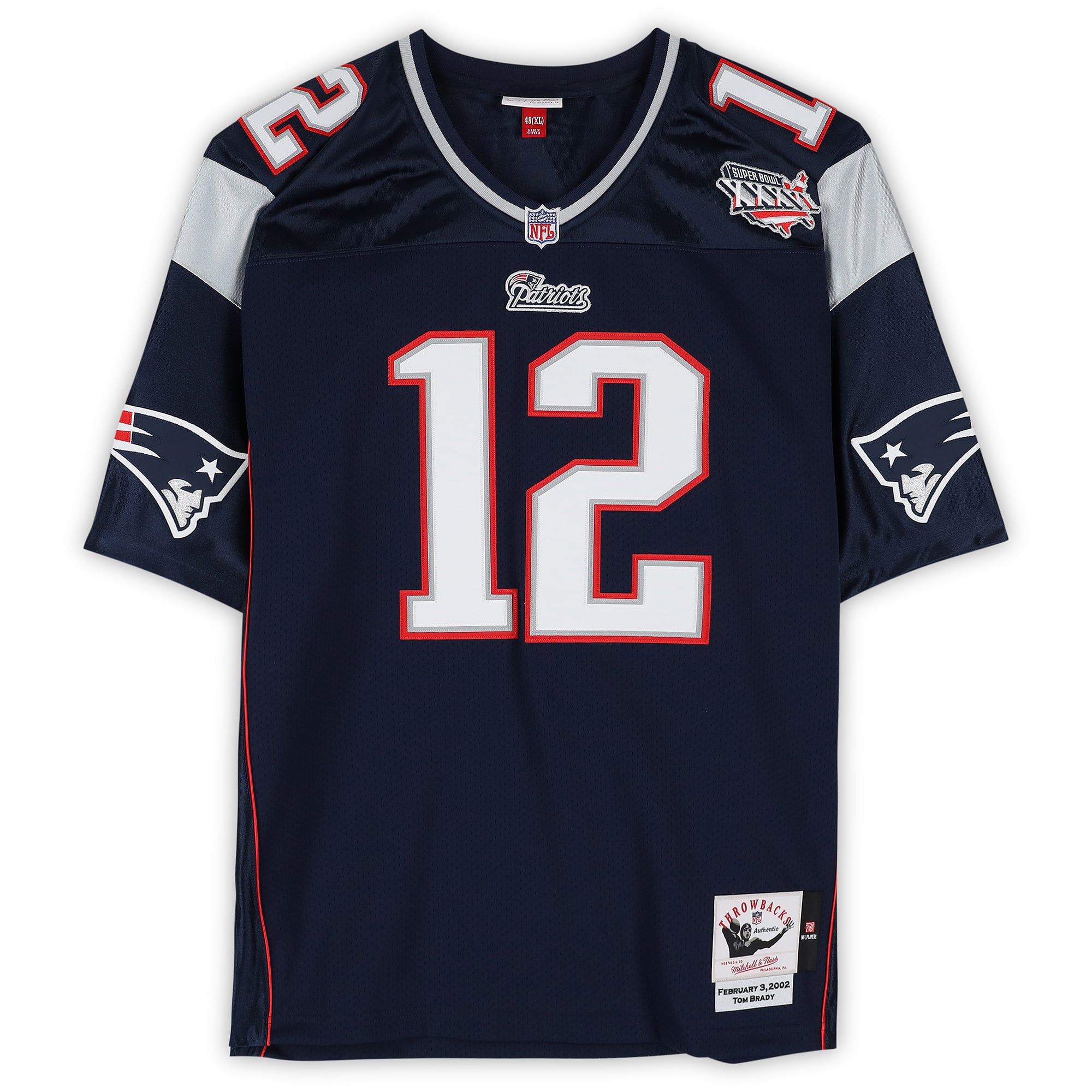 Maillot authentique Mitchell & Ness bleu marine 2001 autographié par Tom Brady, des New England Patriots