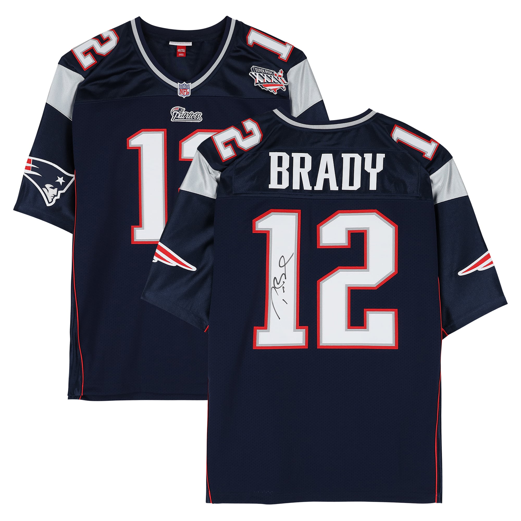 Maillot authentique Mitchell & Ness bleu marine 2001 autographié par Tom Brady, des New England Patriots