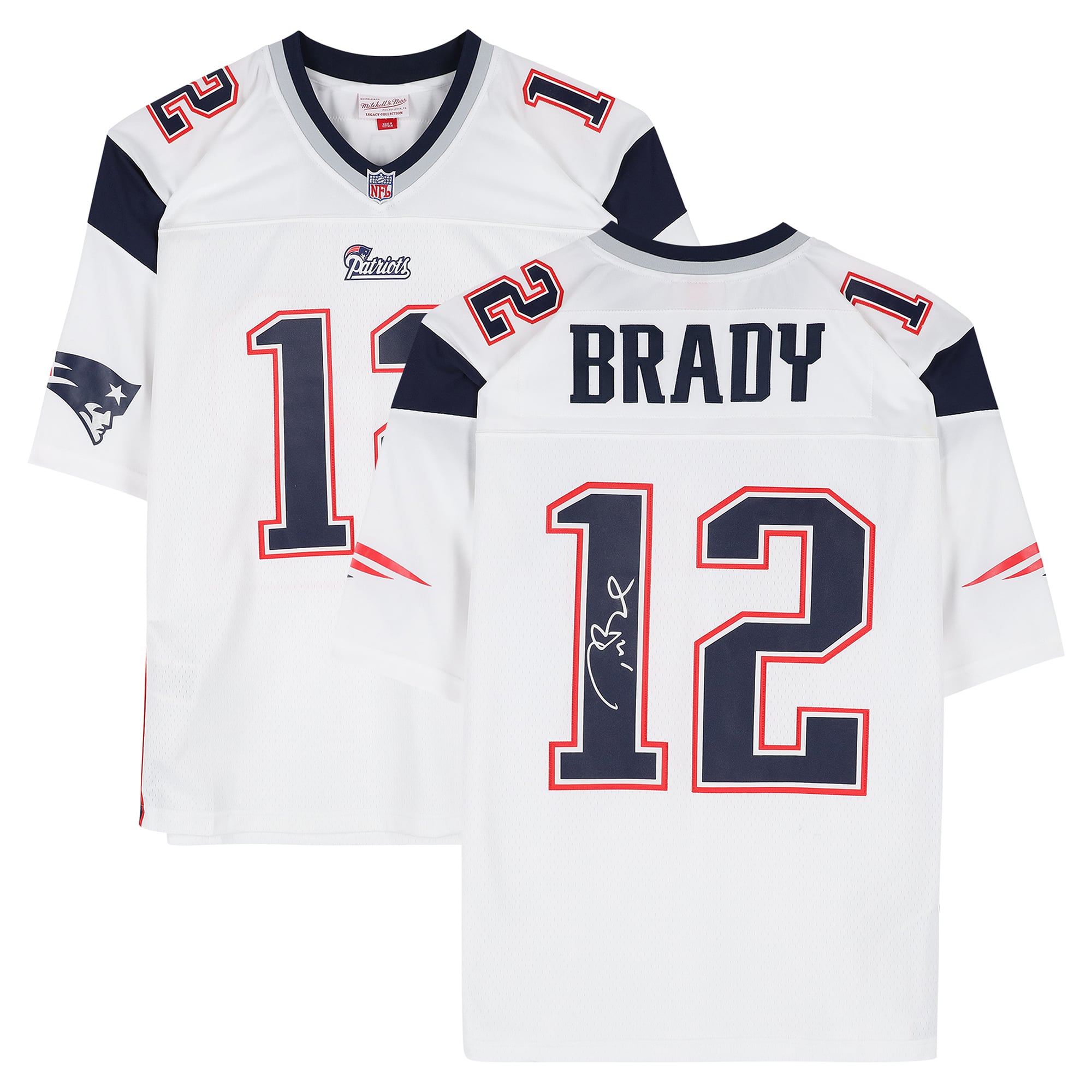 Maillot réplique blanc Mitchell & Ness 2000 autographié par Tom Brady des New England Patriots