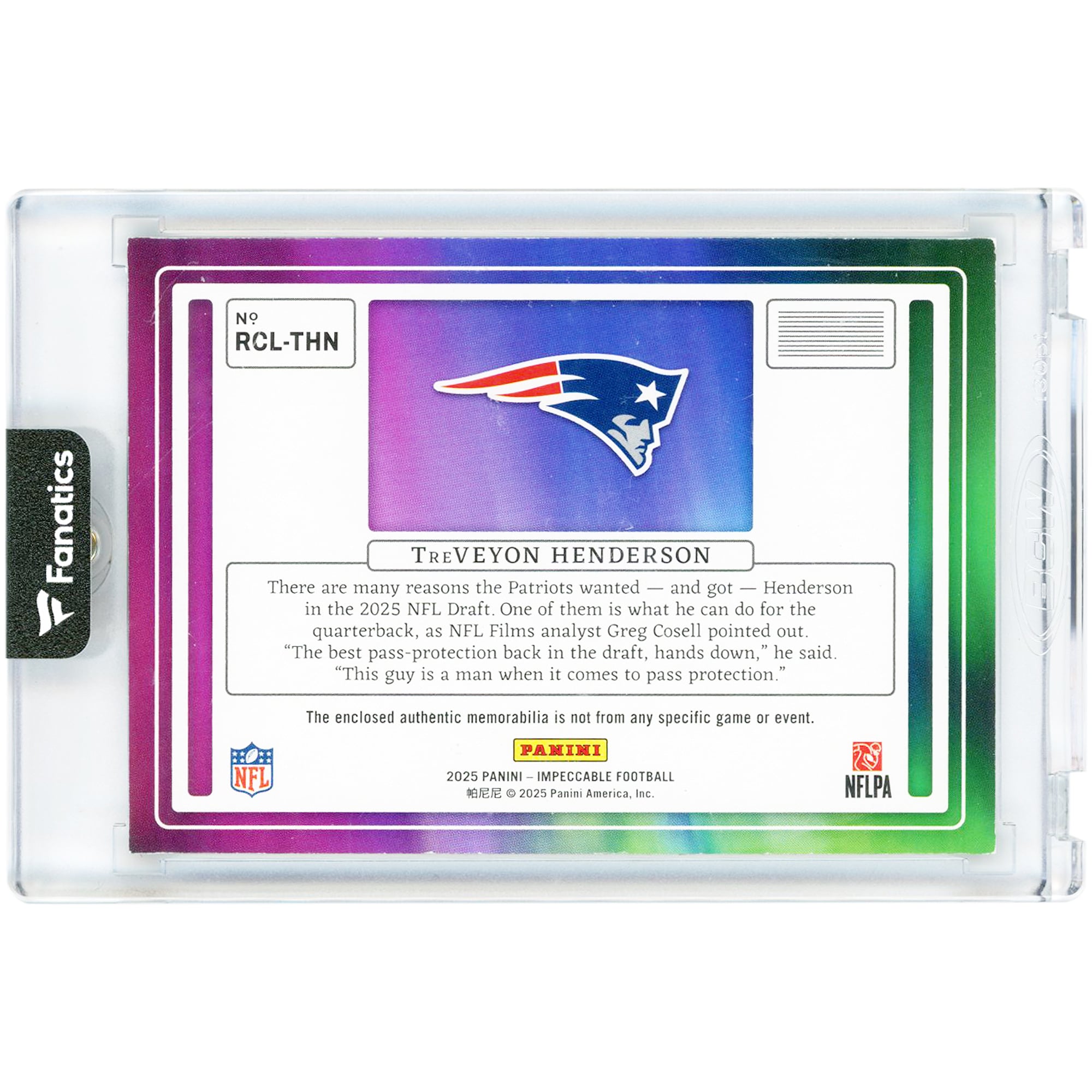 TreVeyon Henderson New England Patriots 2025 Panini Impeccable Gold RC NFL Crest Logo Relic #RCL-THN #7/10 Rookie Card