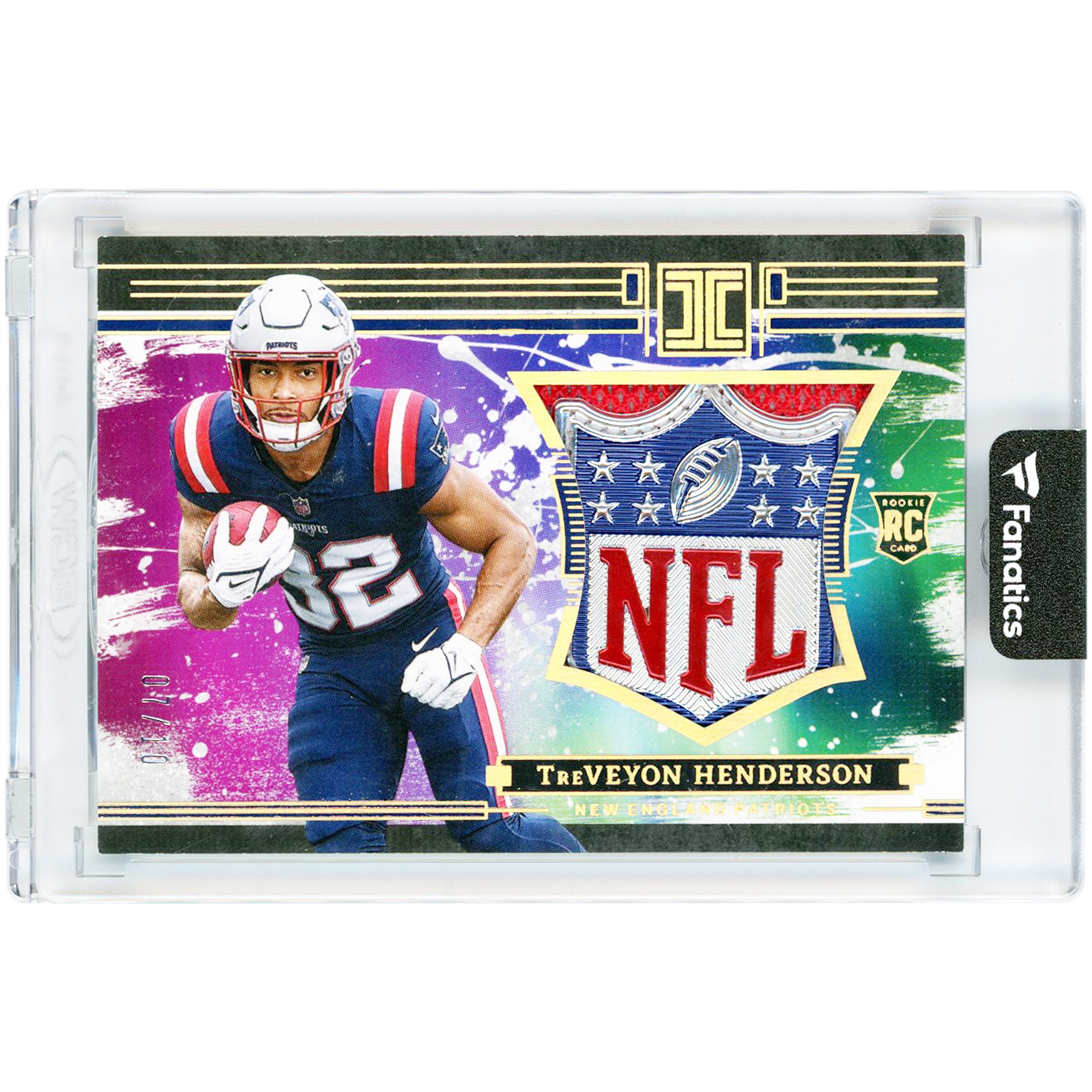 TreVeyon Henderson New England Patriots 2025 Panini Impeccable Gold RC NFL Crest Logo Relic #RCL-THN #7/10 Rookie Card