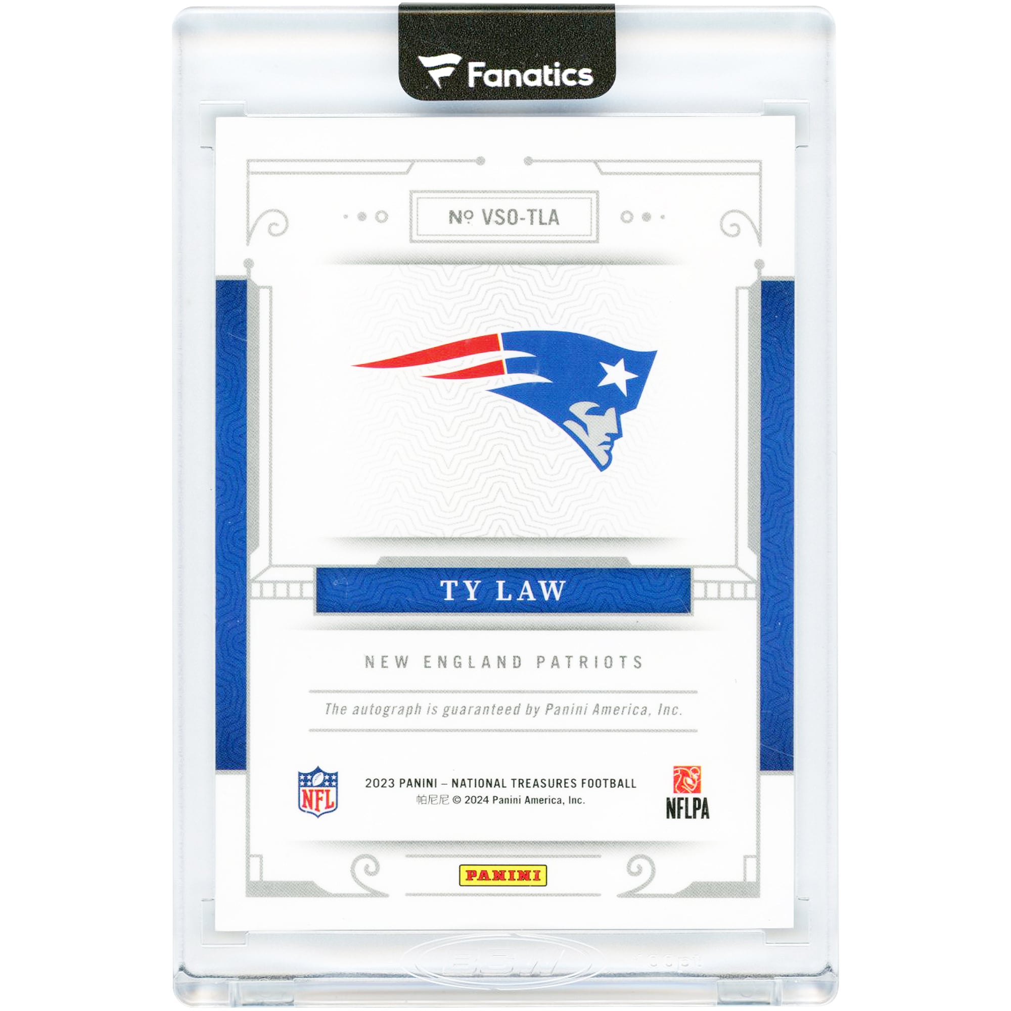 Carte autographiée Ty Law des New England Patriots 2023 Panini National Treasures Virtuoso #VSO-TLA #10/25