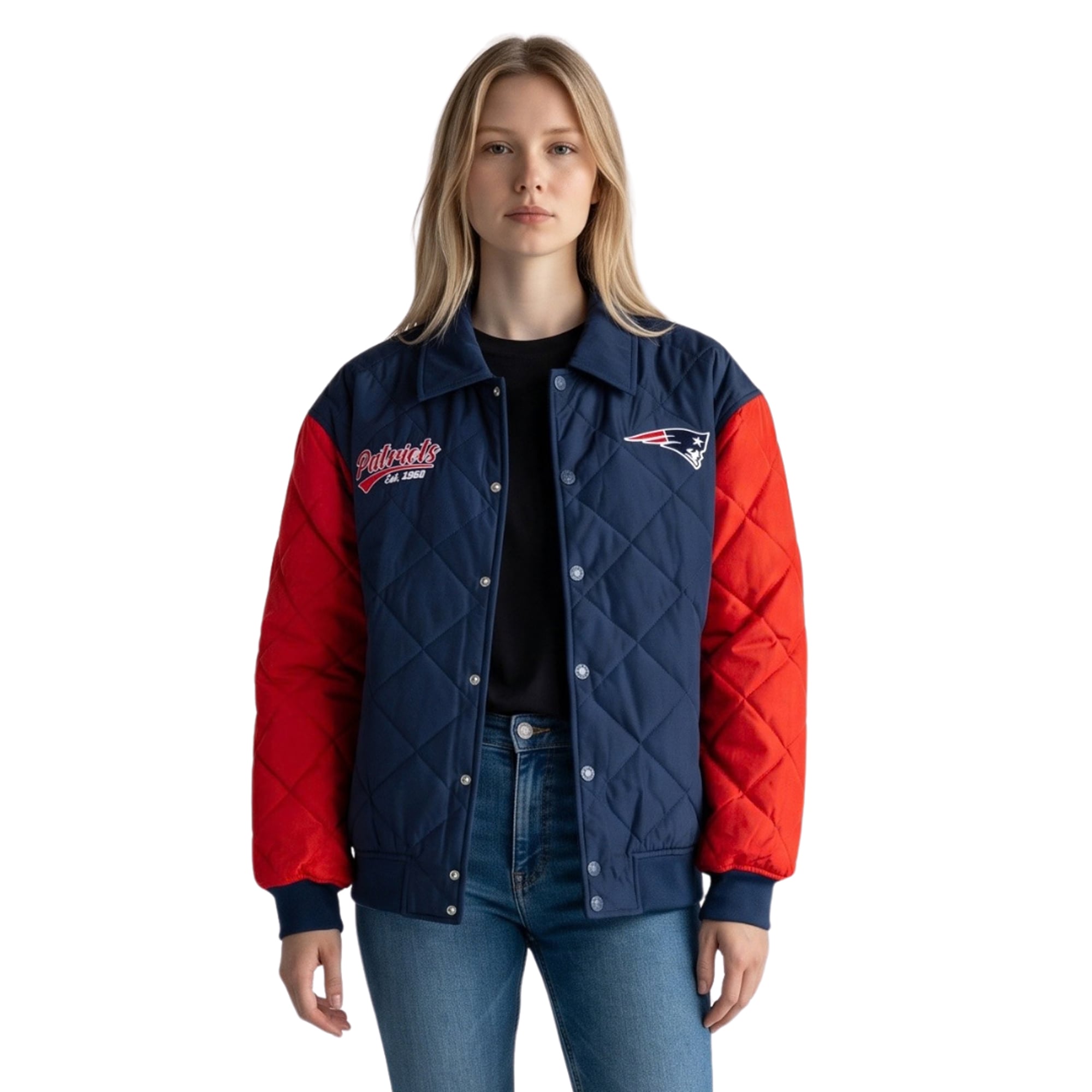 Veste bomber matelassée unisexe The Wild Collective bleu marine New England Patriots