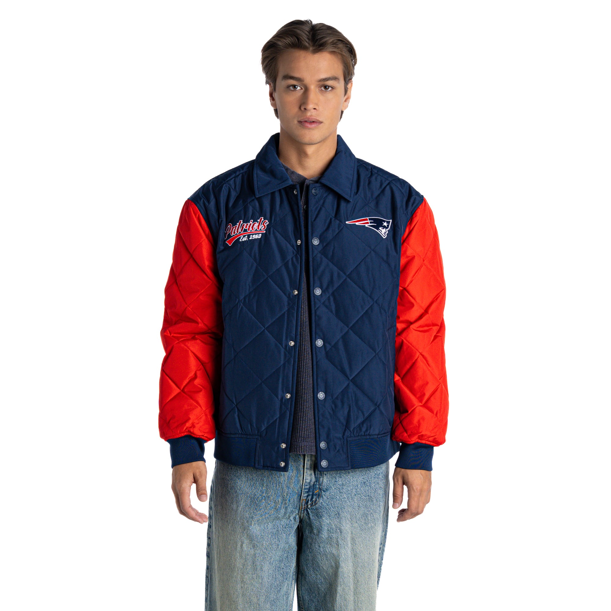 Veste bomber matelassée unisexe The Wild Collective bleu marine New England Patriots