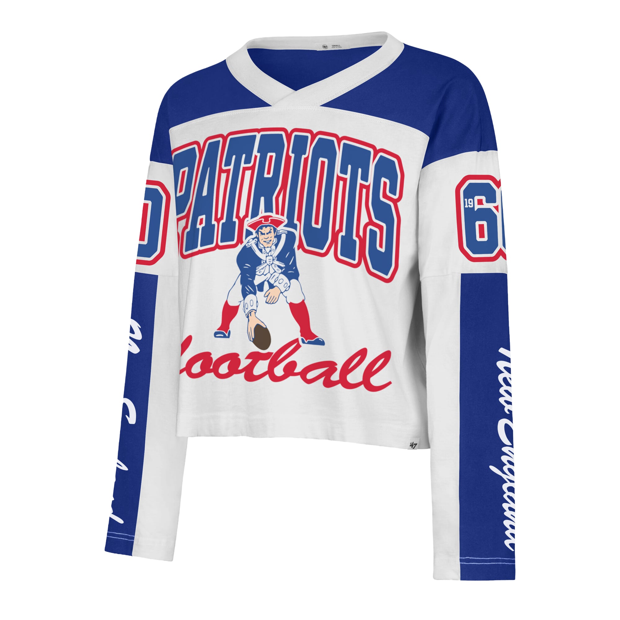 T-shirt à manches longues et col en V blanc New England Patriots « 47 » pour femme