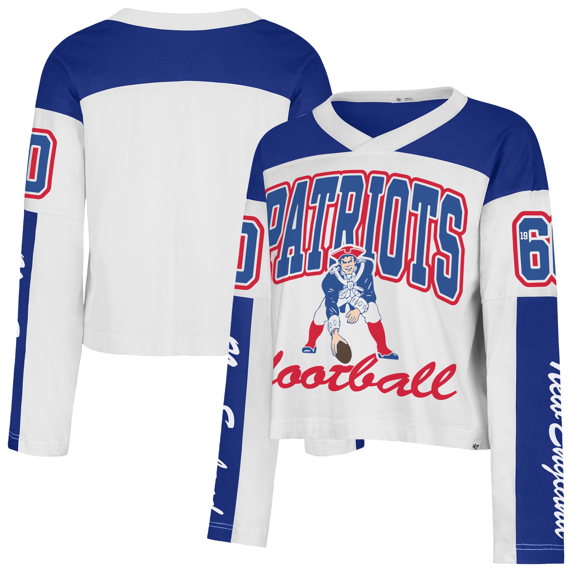 T-shirt à manches longues et col en V blanc New England Patriots « 47 » pour femme