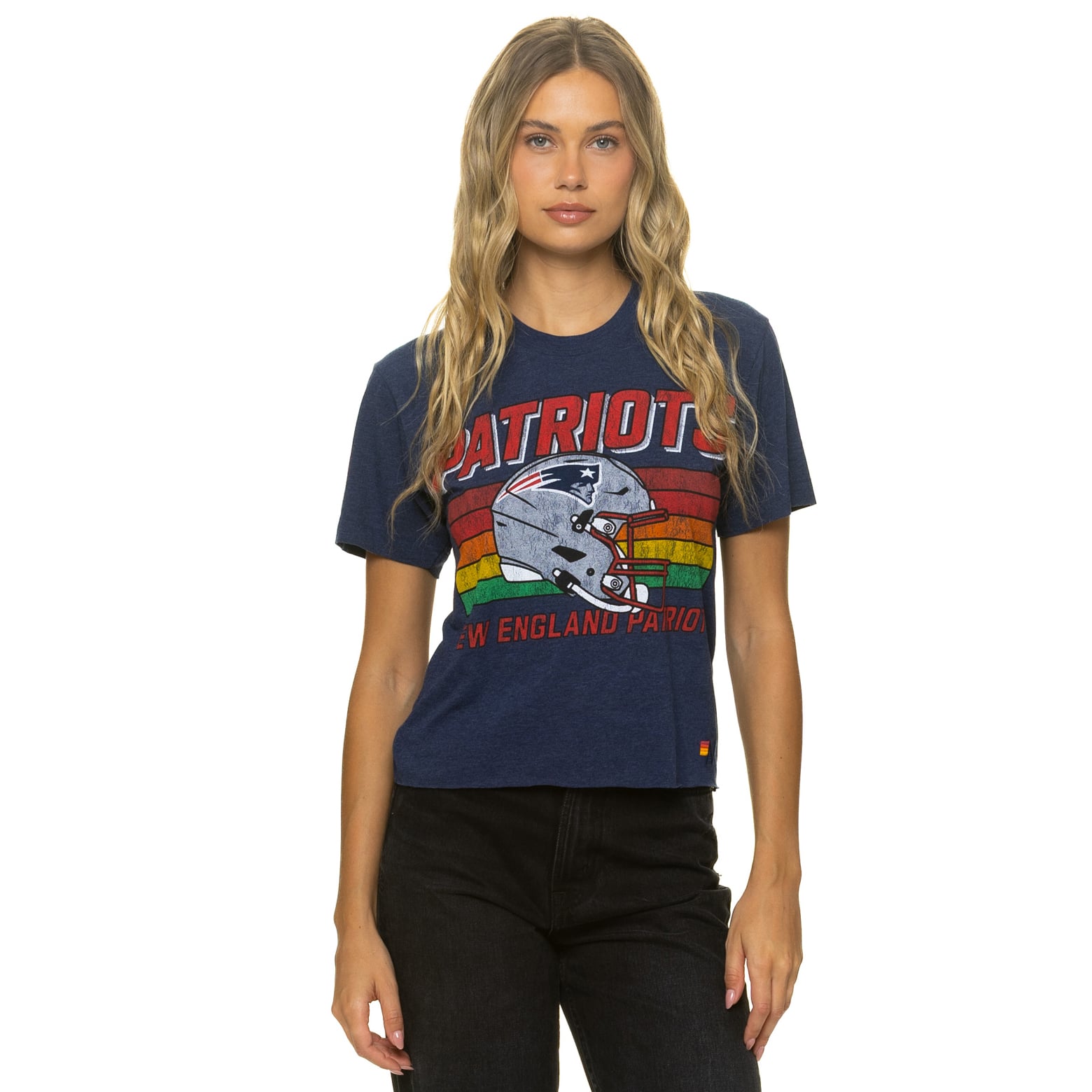 T-shirt Aviator Nation pour femme, bleu marine, New England Patriots, coupe carrée, style boyfriend, en mélange de trois matières
