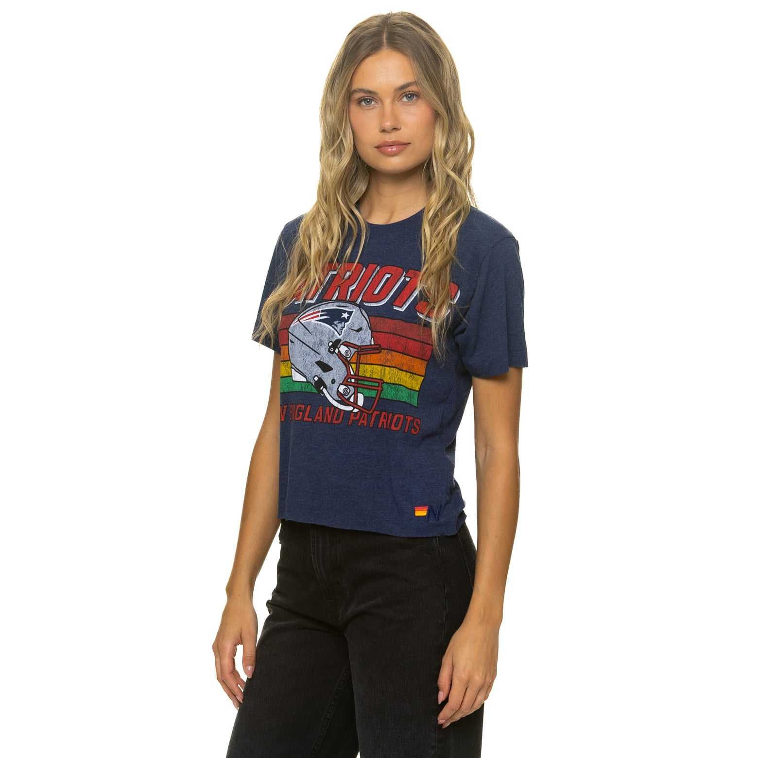 T-shirt Aviator Nation pour femme, bleu marine, New England Patriots, coupe carrée, style boyfriend, en mélange de trois matières