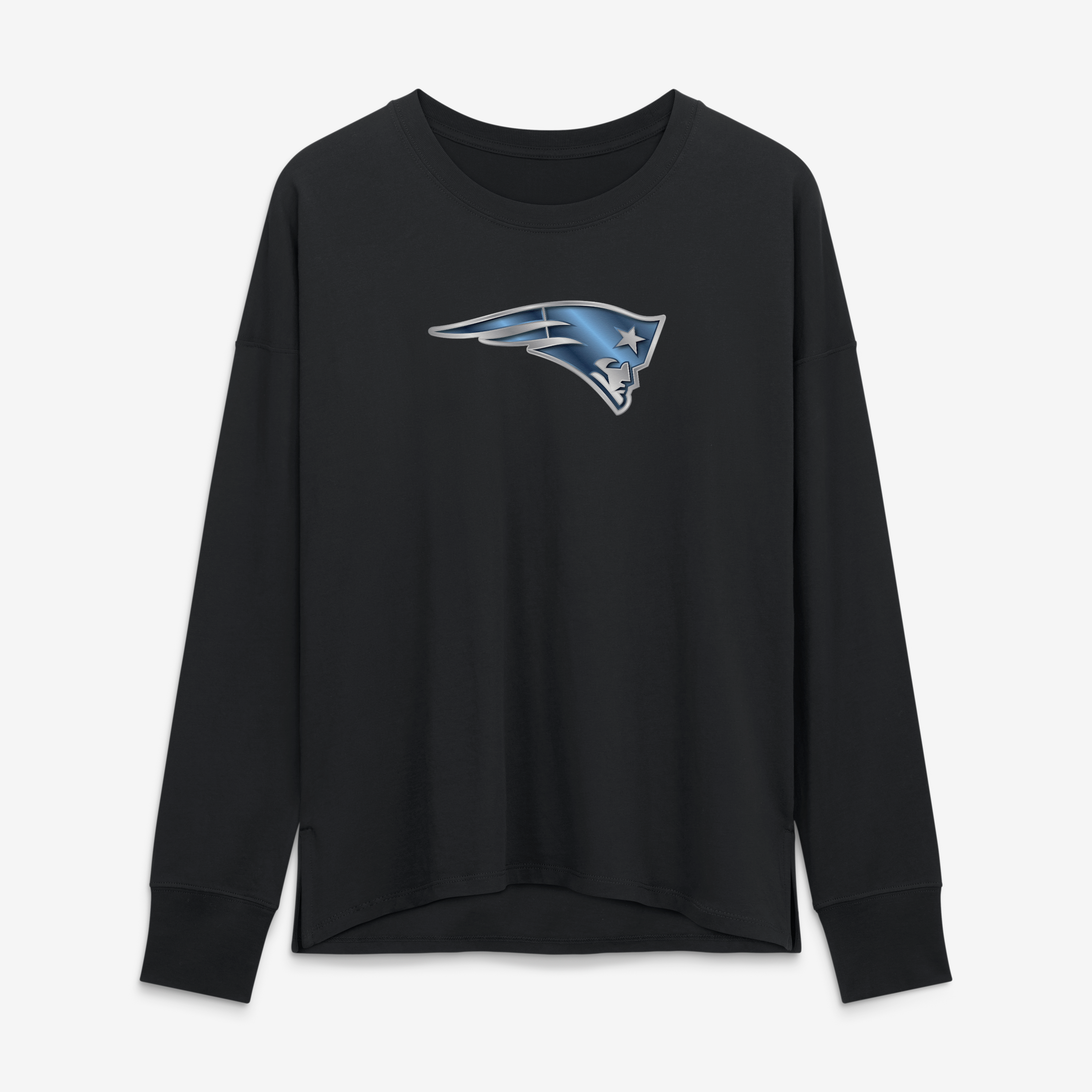 T-shirt à manches longues noir pour femmes avec mascotte métallique des New England Patriots