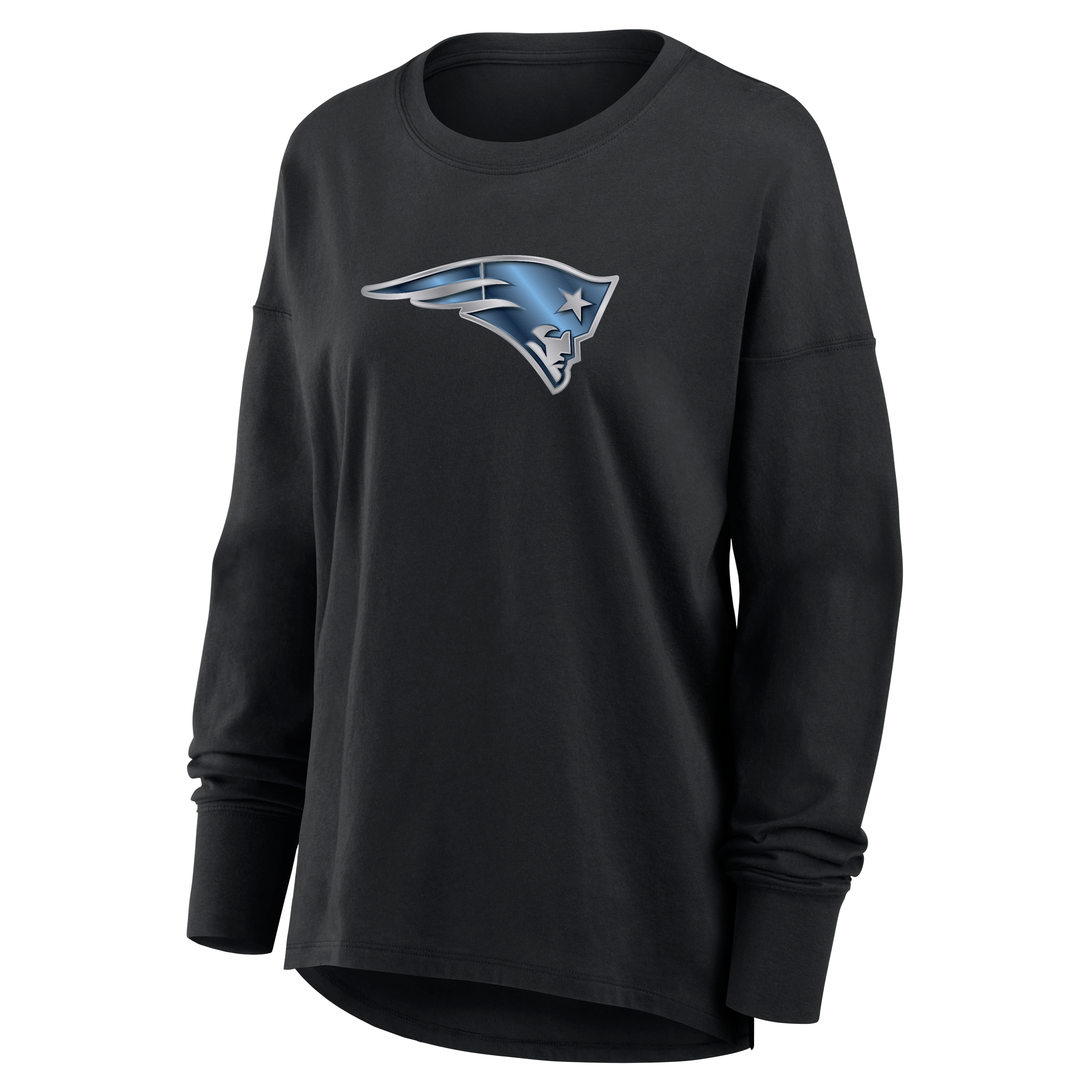T-shirt à manches longues noir pour femmes avec mascotte métallique des New England Patriots