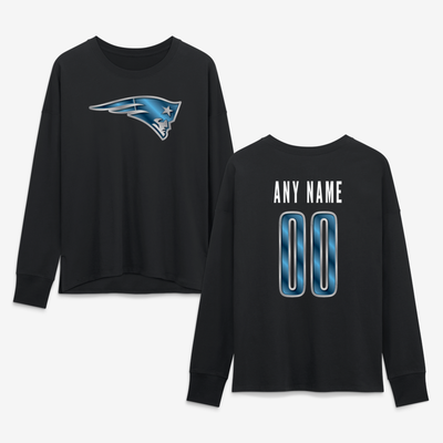 New England Patriots Women's Metallic Mascot Personalized Name & Number Long Sleeve T-Shirt - Black