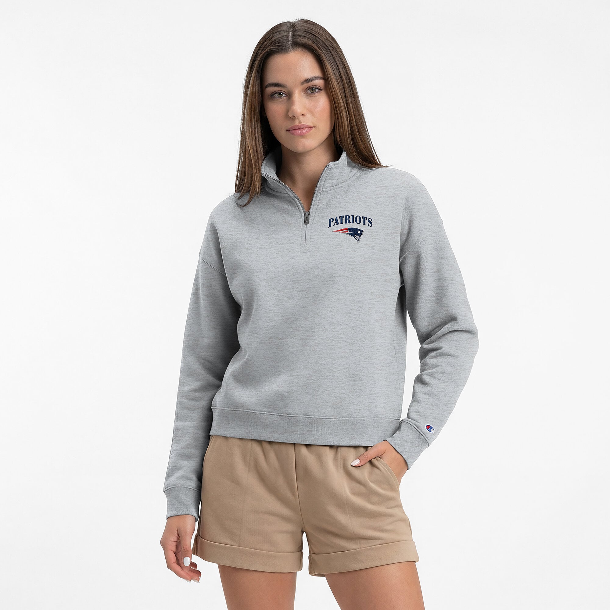 Sweat-shirt à col zippé Champion gris chiné pour femme, New England Patriots, Powerblend