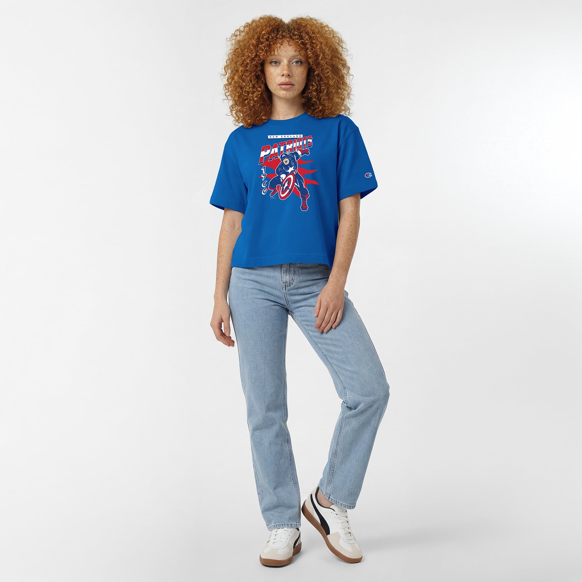 Women's Disney x Champion Royal New England Patriots Captain America All-Star T-Shirt