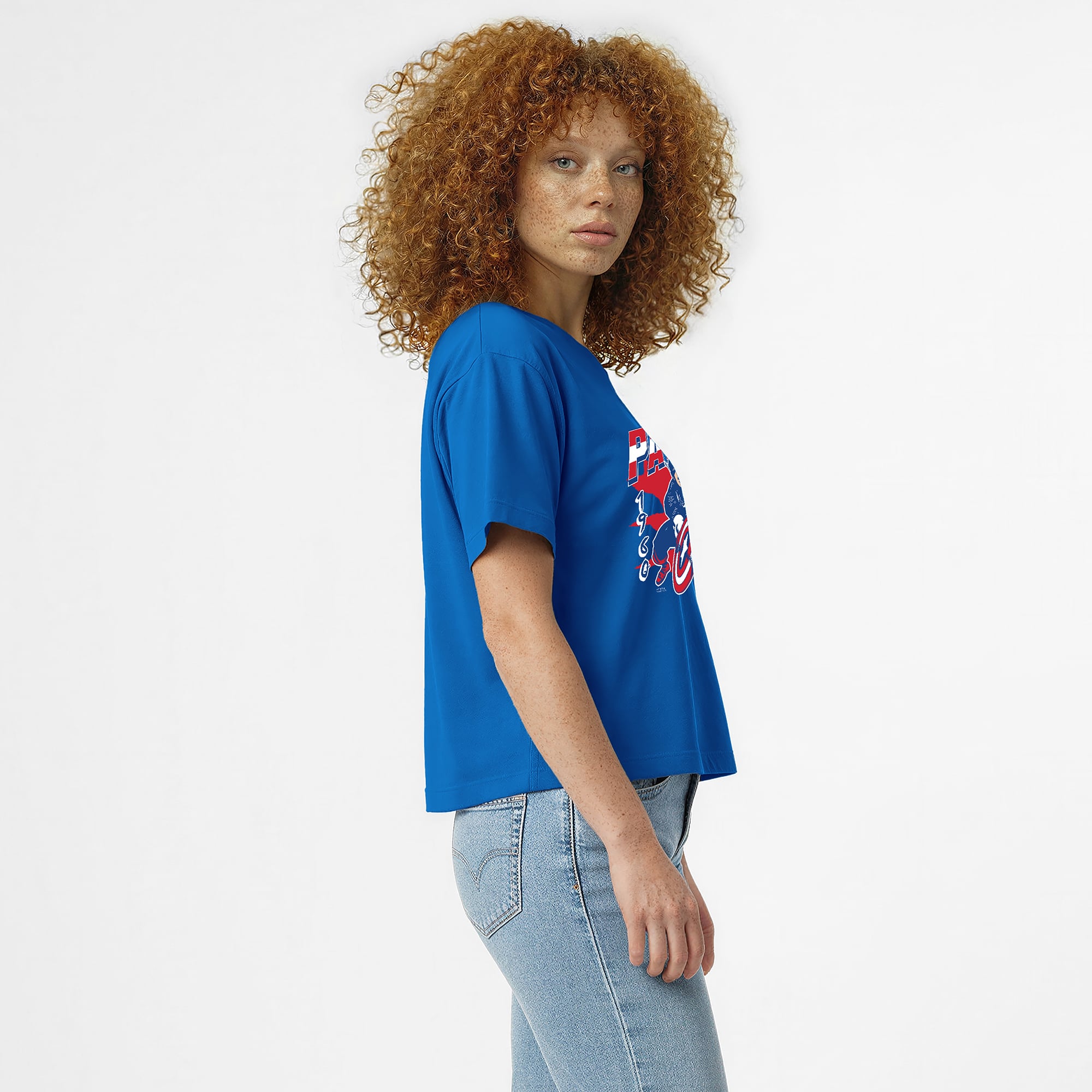 Women's Disney x Champion Royal New England Patriots Captain America All-Star T-Shirt