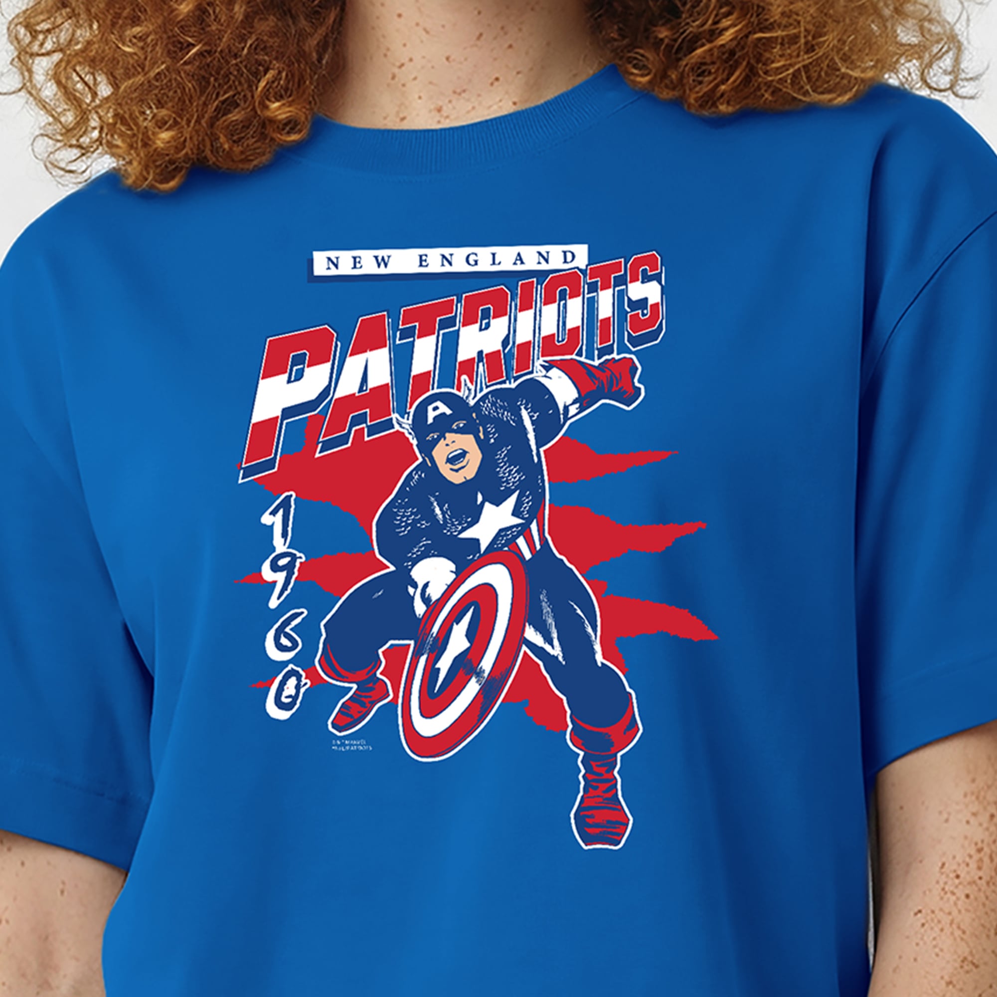 Women's Disney x Champion Royal New England Patriots Captain America All-Star T-Shirt