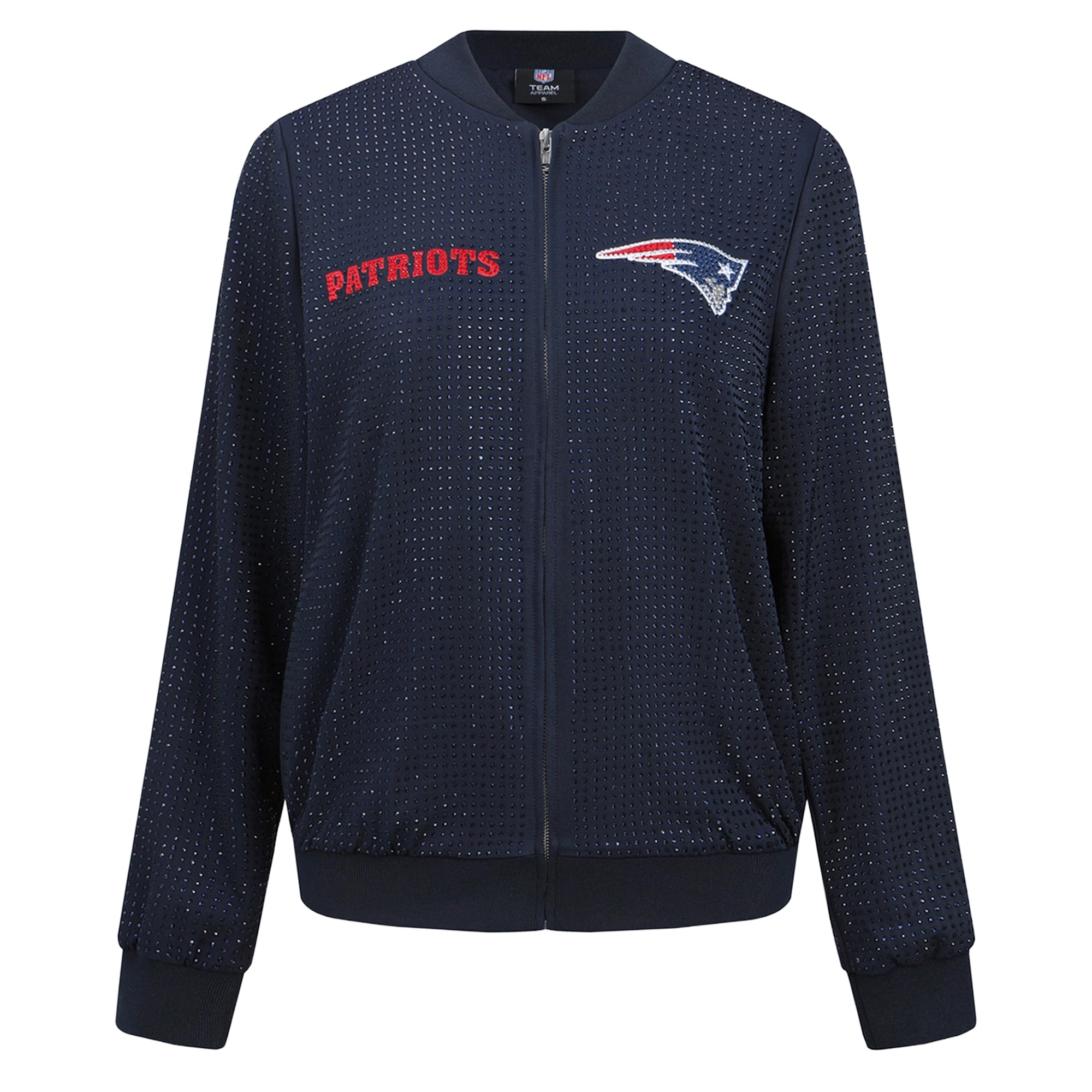 Veste bomber zippée intégrale FABGATING by Cuce bleu marine New England Patriots Crystal pour femme