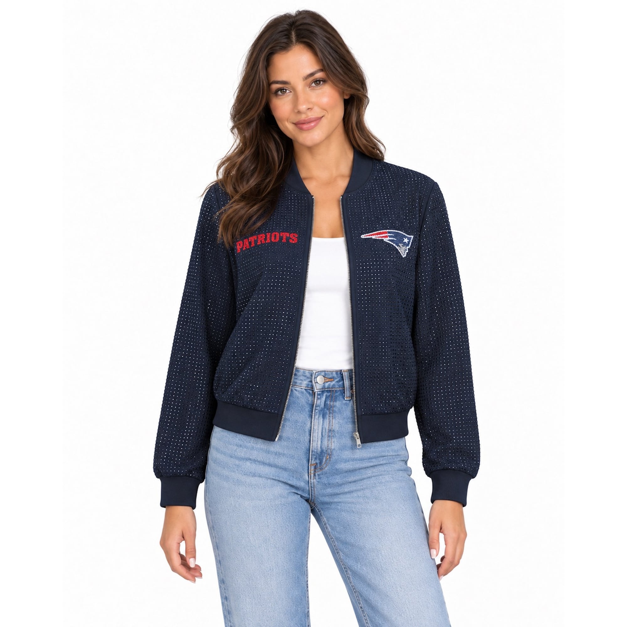 Veste bomber zippée intégrale FABGATING by Cuce bleu marine New England Patriots Crystal pour femme