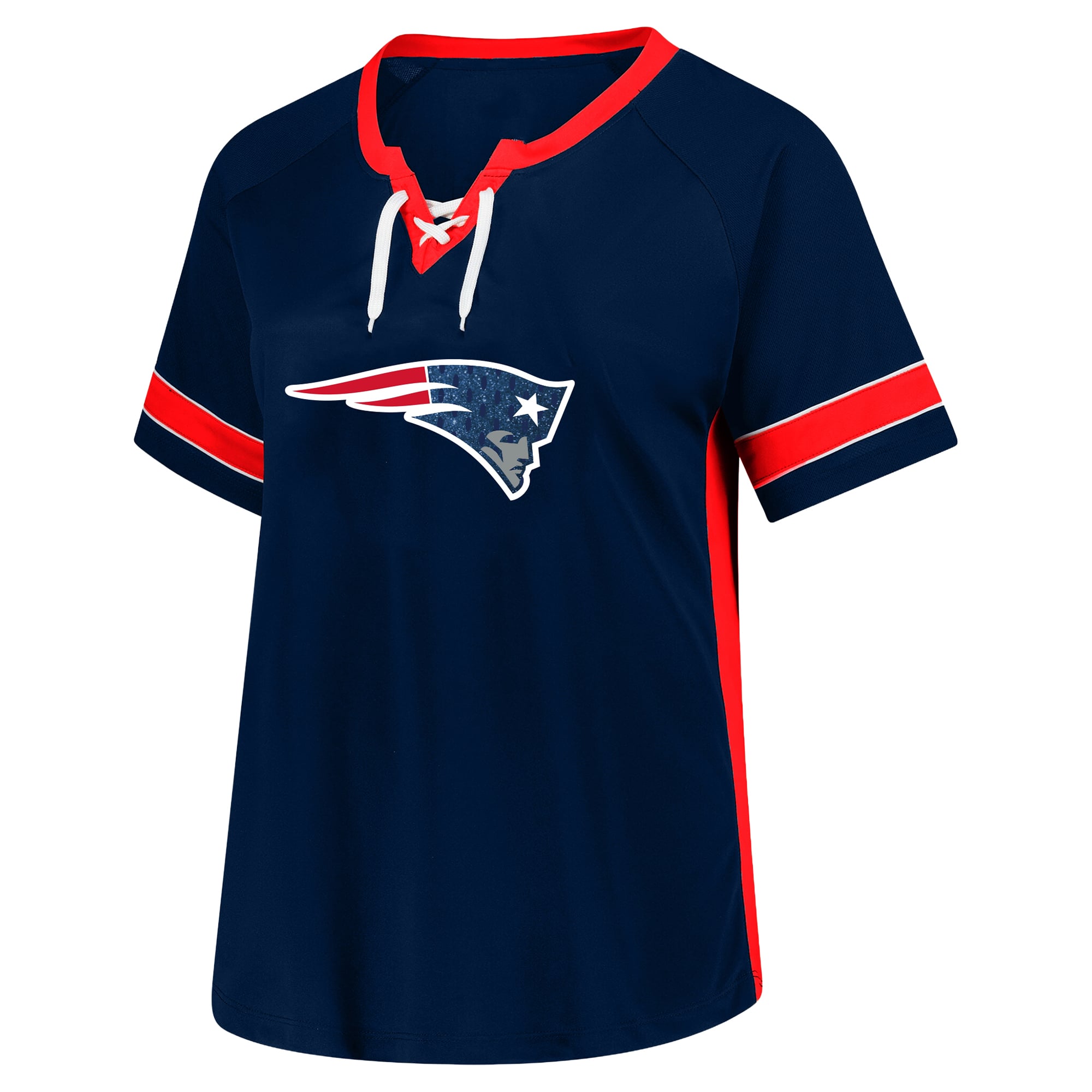 T-shirt Fanatics Drake Maye bleu marine New England Patriots pour femme, grande taille, avec dentelle, nom et numéro.