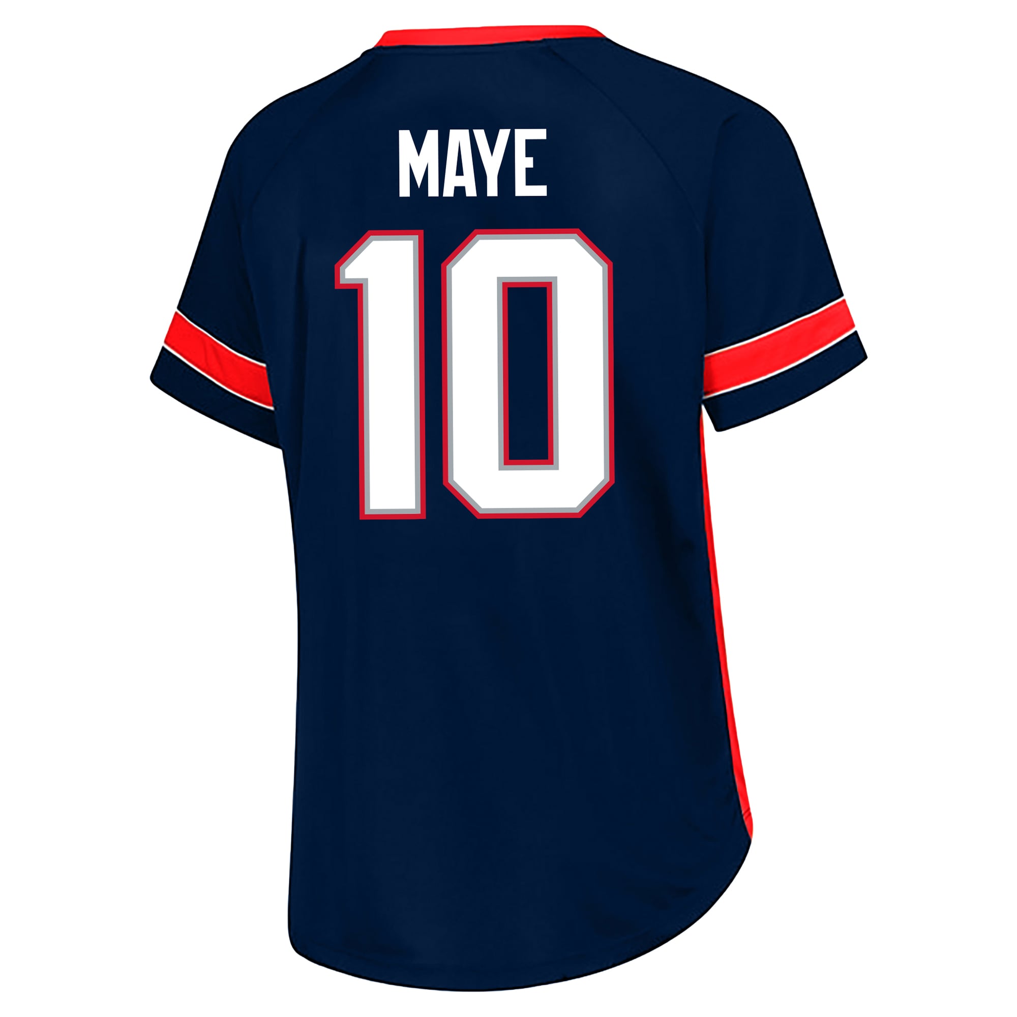 T-shirt Fanatics Drake Maye bleu marine New England Patriots pour femme, grande taille, avec dentelle, nom et numéro.