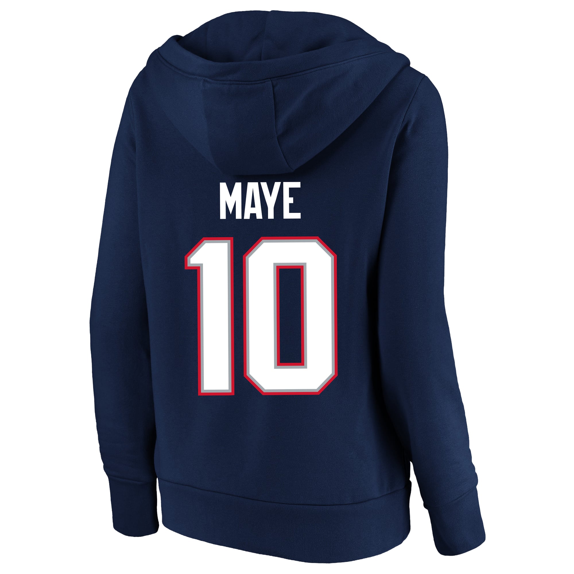 Women's Fanatics Drake Maye Navy New England Patriots Plus Player Name & Number Notch Neck Hoodie