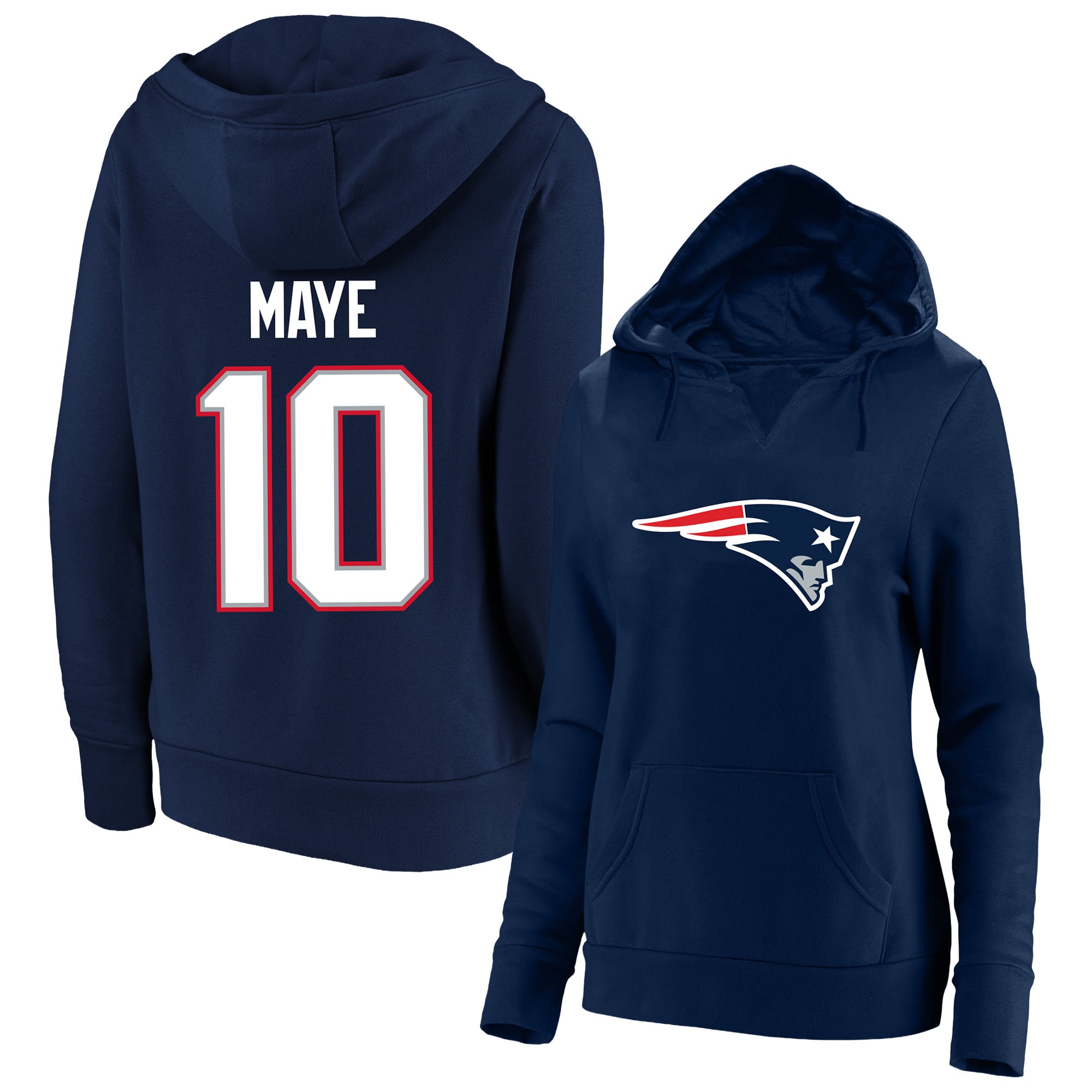 Women's Fanatics Drake Maye Navy New England Patriots Plus Player Name & Number Notch Neck Hoodie