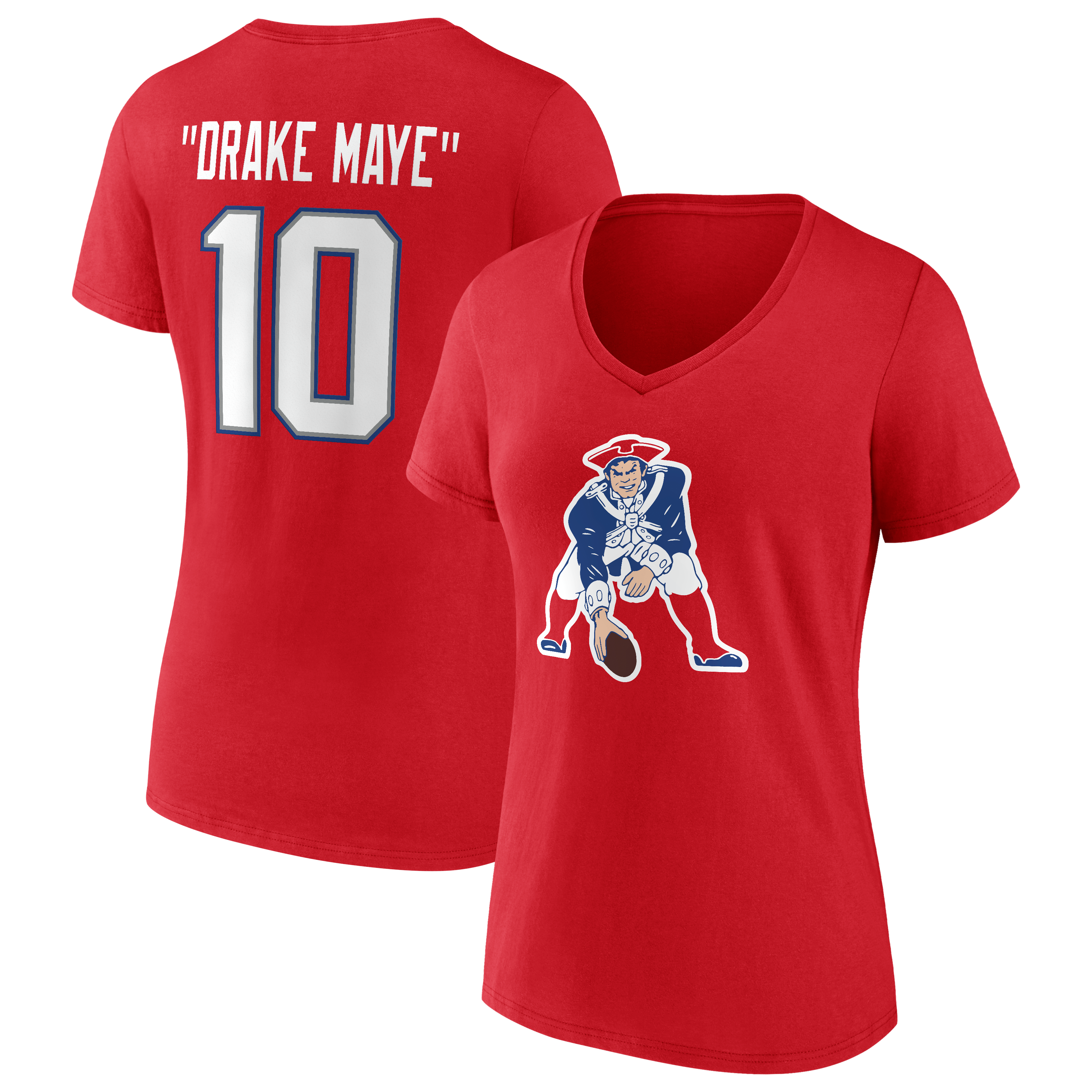 Women's Fanatics Drake Maye Red New England Patriots Team Authentic Throwback Player Nickname Name & Number V-Neck T-Shirt