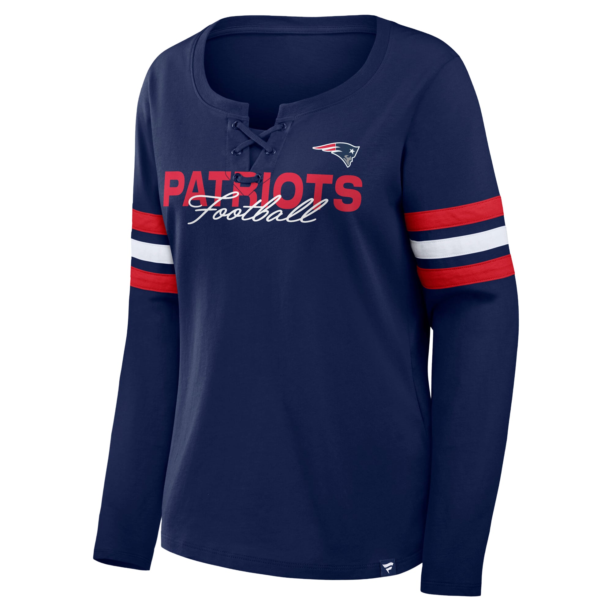 T-shirt à manches longues lacets Fanatics bleu marine/rouge pour femme, New England Patriots, grandes tailles.
