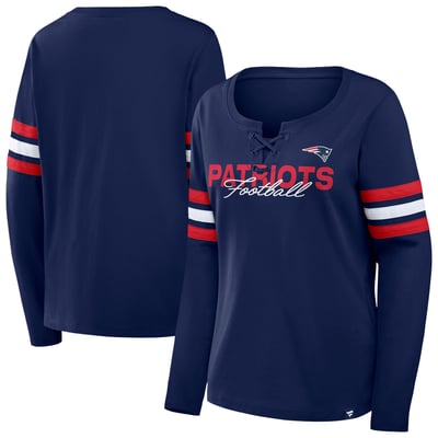 New England Patriots Fanatics Women's Plus Size Coverage Scheme Lace-Up Long Sleeve T-Shirt - Navy/Red
