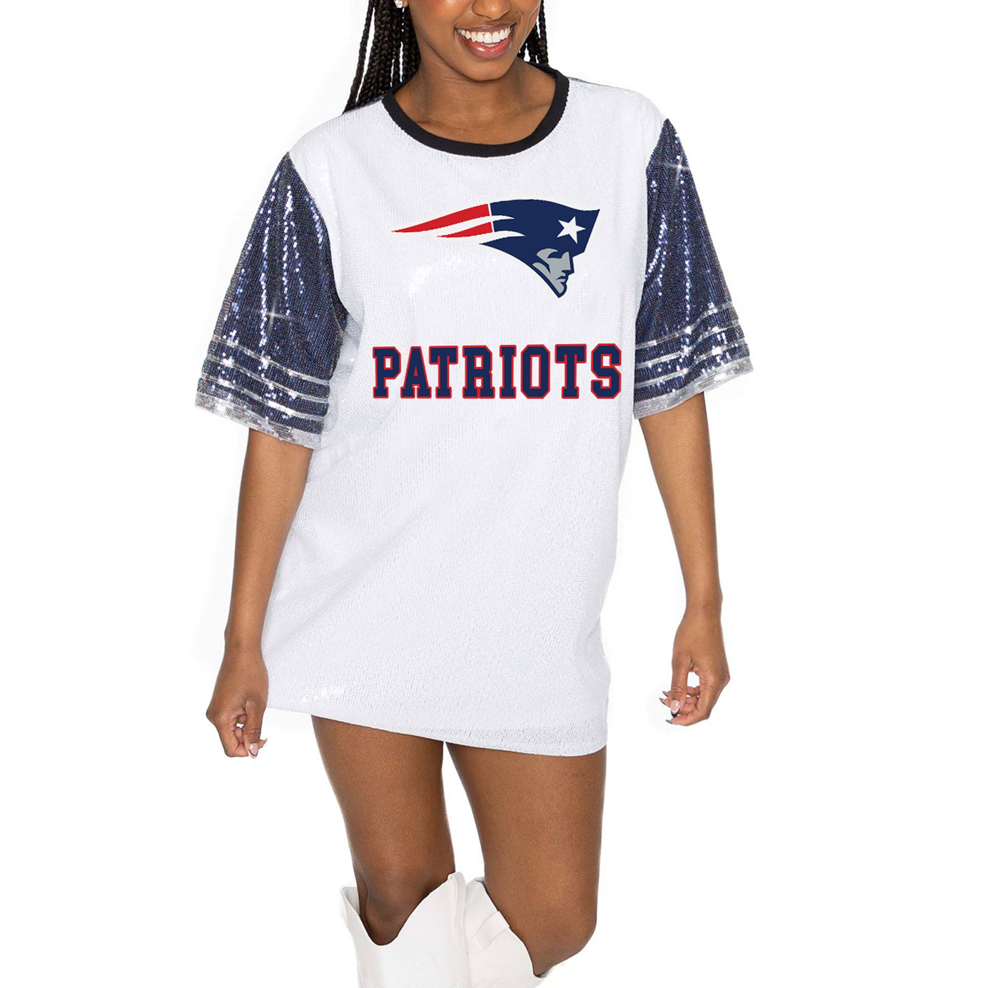 new england patriots jersey dress Women's Gameday Couture White/Navy Bling It Full Sequin Patriots uniforms
