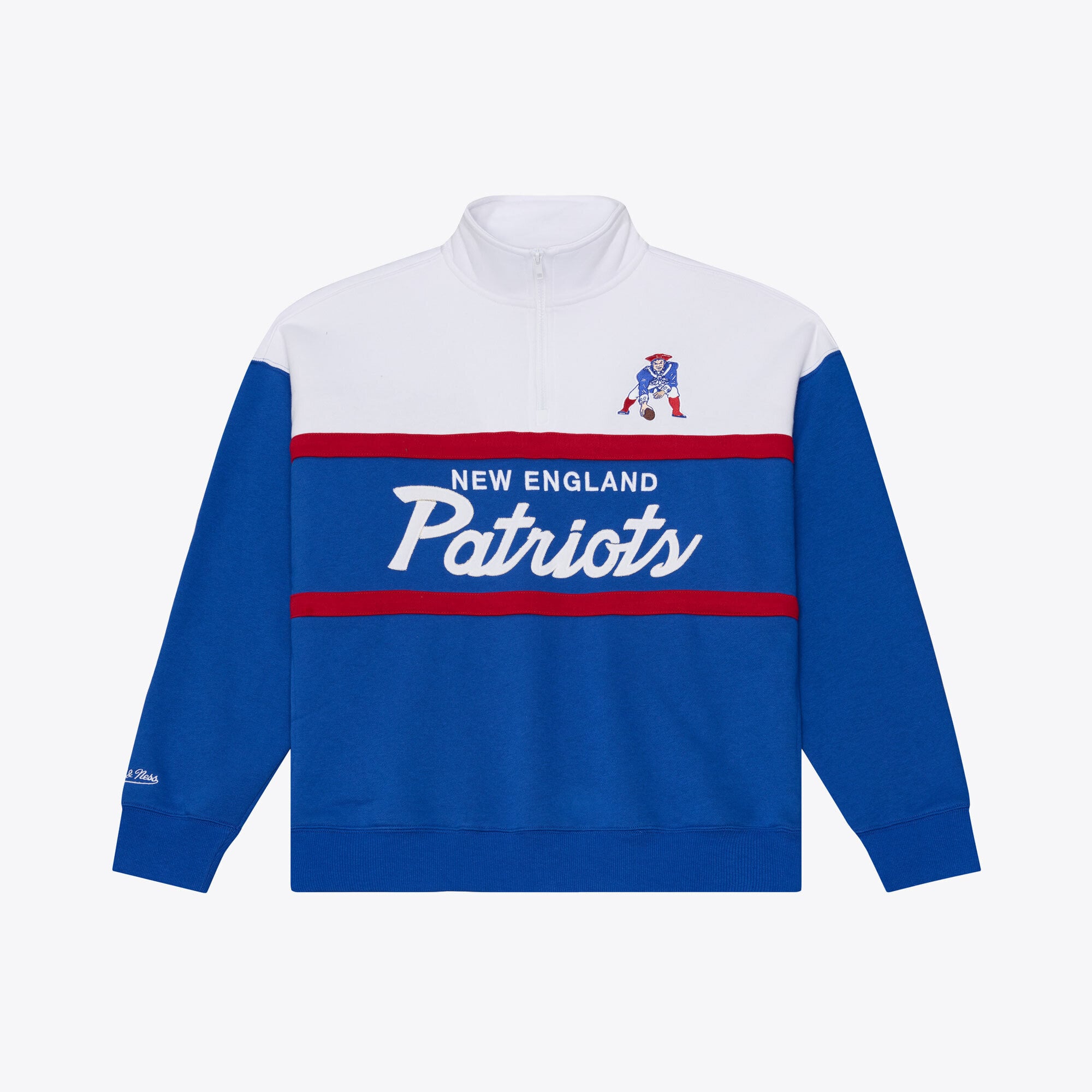 Pull à col zippé Mitchell & Ness bleu pour femme, modèle entraîneur-chef des New England Patriots.
