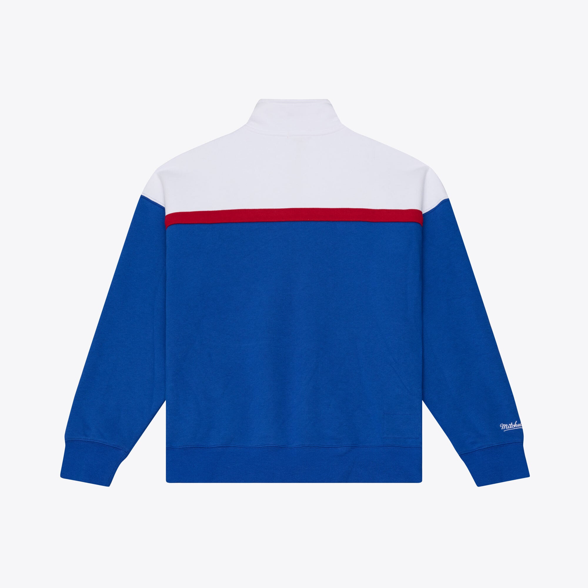 Pull à col zippé Mitchell & Ness bleu pour femme, modèle entraîneur-chef des New England Patriots.
